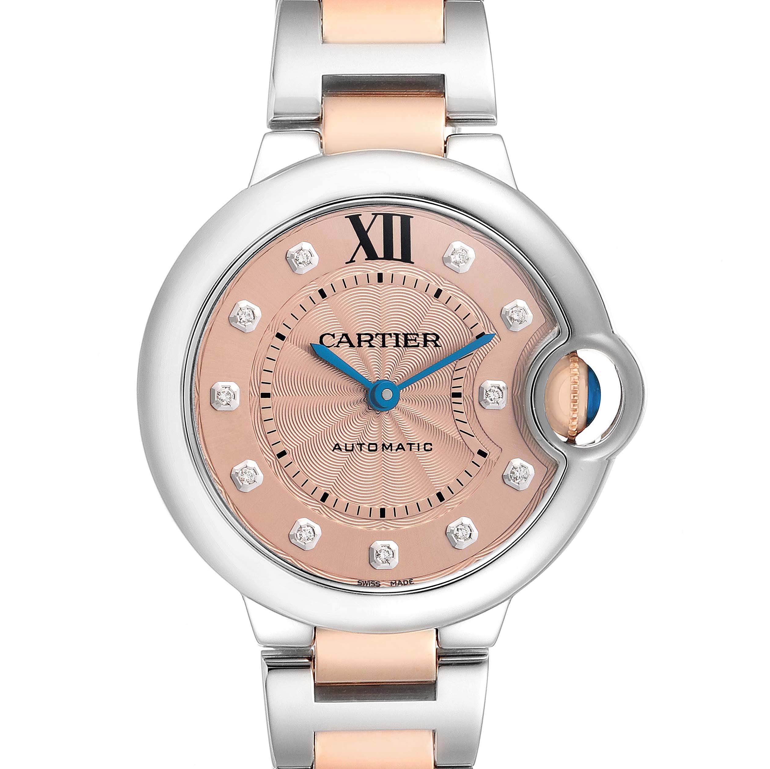 The Cartier Ballon Bleu WE902053 Women's Steel and Gold (two tone) Pink Dial watch is shown from the front, highlighting the dial, case, and part of the bracelet.