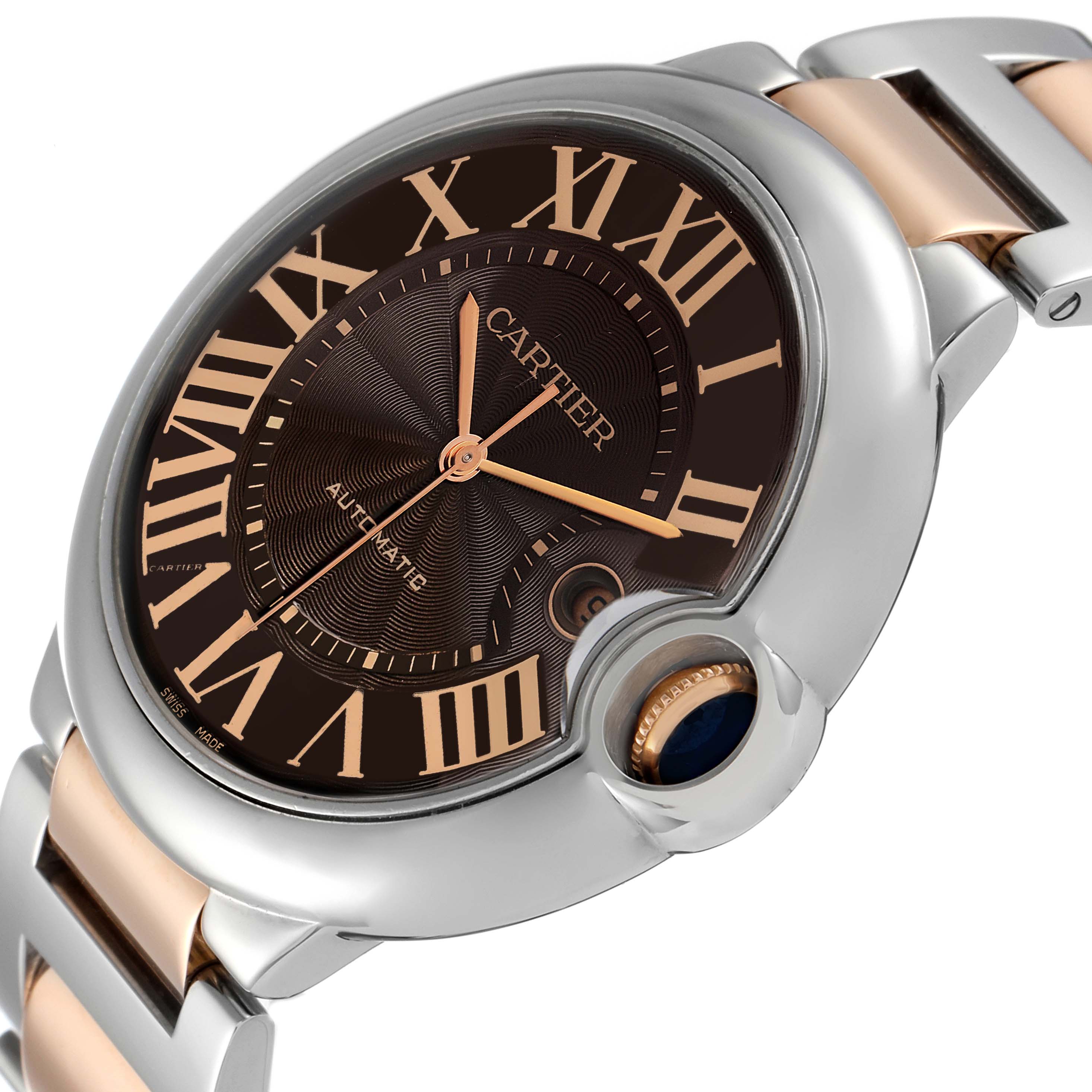 This image shows a close-up angle of the Cartier Ballon Bleu W6920032 Men
s Steel and Gold (two tone) Brown Dial W6920032 Men
s Steel and Gold (two tone) Brown Dial watch, highlighting its dial and part of the bracelet.