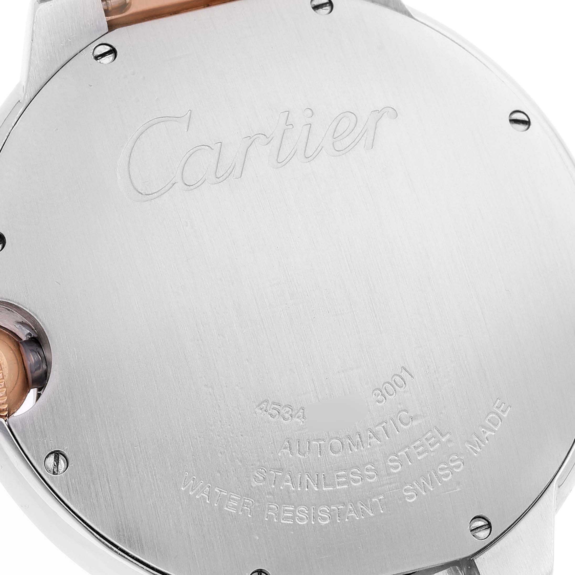 This image shows the back case of a Cartier Ballon Bleu W6920032 Men
s Steel and Gold (two tone) Brown Dial W6920032 Men
s Steel and Gold (two tone) Brown Dial watch, highlighting the brand engraving and model details.