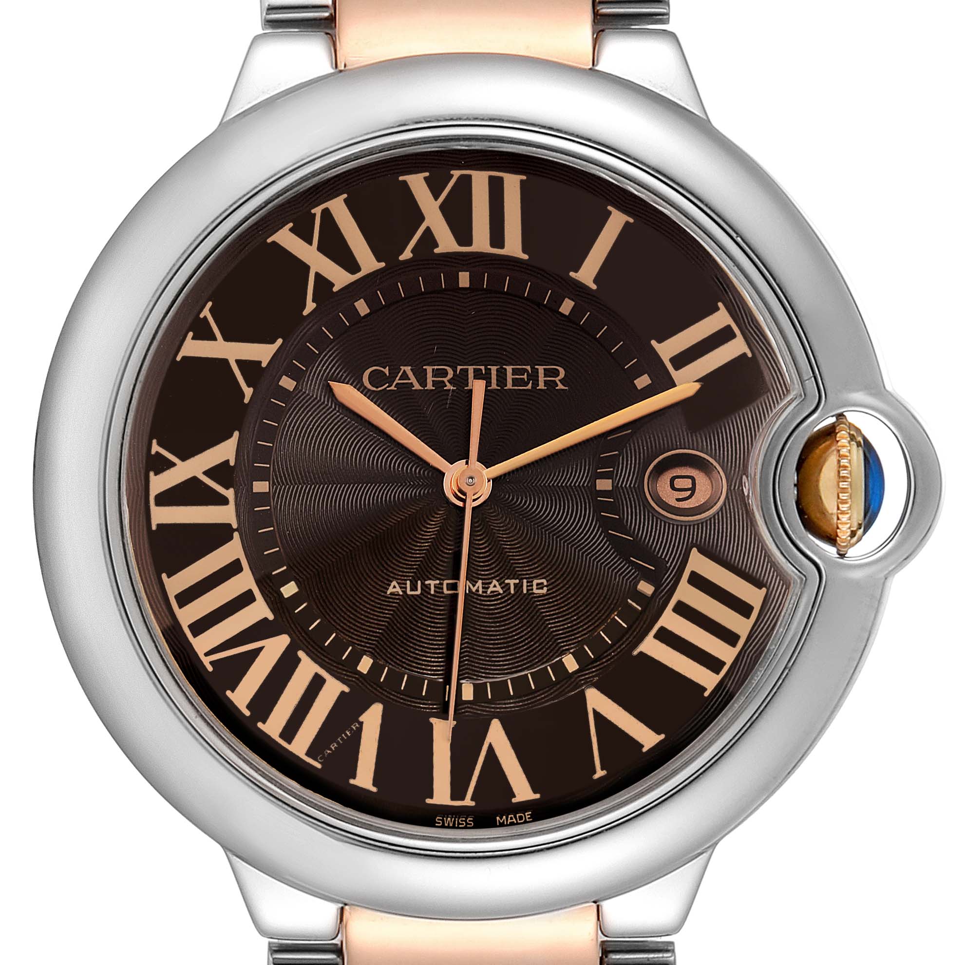 The Ballon Bleu de Cartier watch is shown from a front angle, displaying the dial, Roman numerals, hands, and date window.