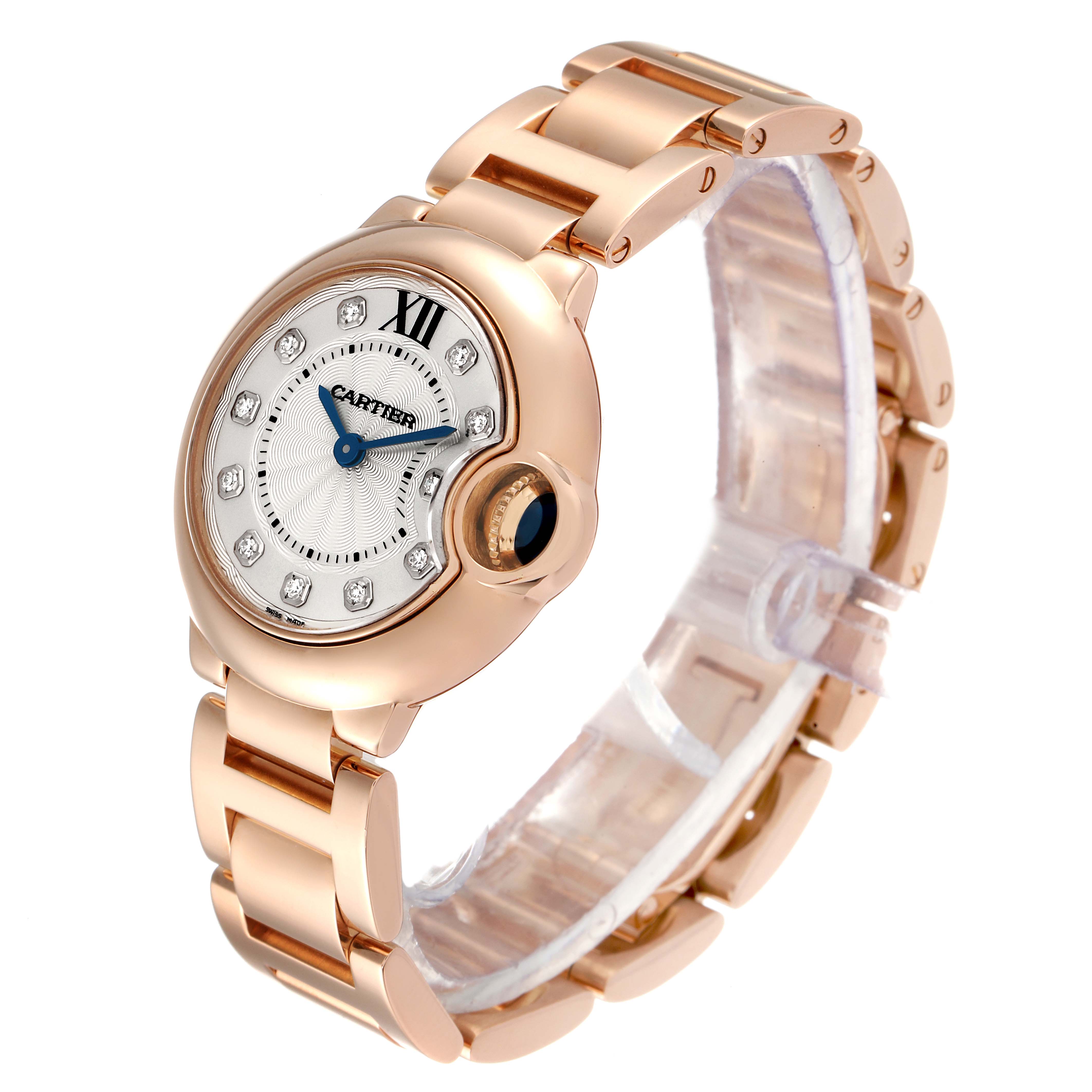 The image shows a side angle of the Cartier Ballon Bleu WE902025 Women's Rose Gold Silver Dial WE902025 Women's Rose Gold Silver Dial watch, highlighting its rose gold band and diamond-accented dial.