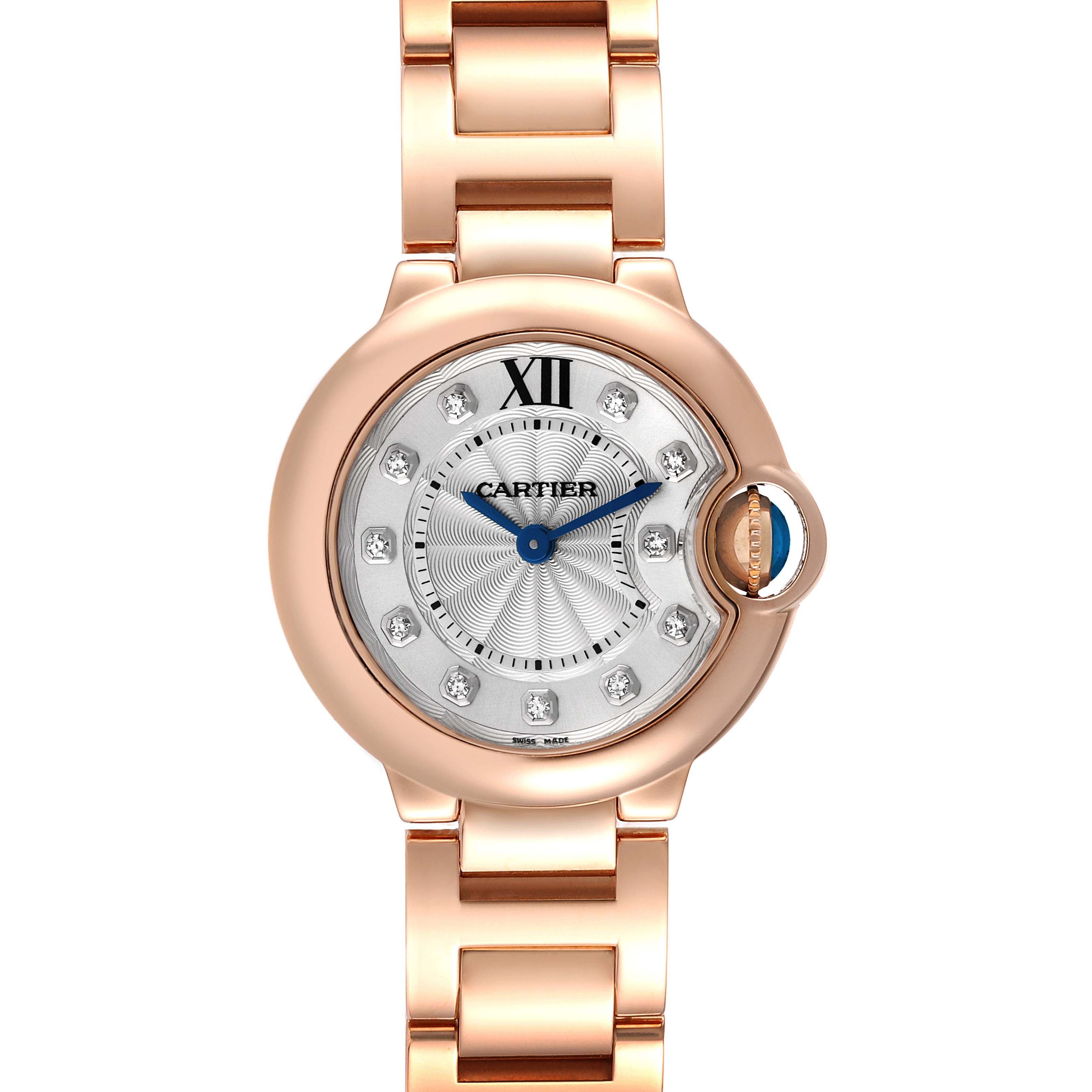 This image shows a front view of the Cartier Ballon Bleu WE902025 Women's Rose Gold Silver Dial WE902025 Women's Rose Gold Silver Dial watch, highlighting its dial, bracelet, and crown.