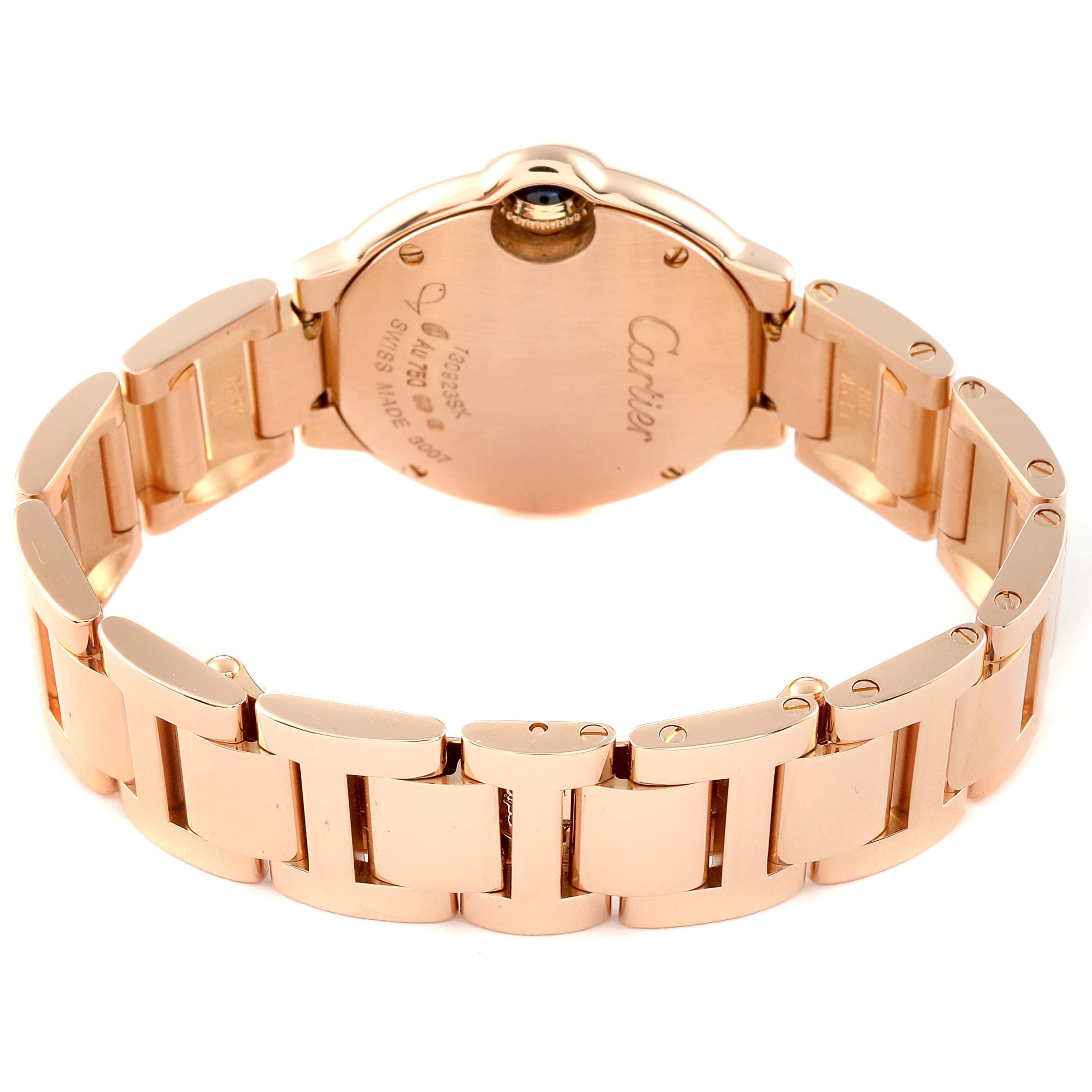 The image shows the back and bracelet of a Cartier Ballon Bleu WE902025 Women's Rose Gold Silver Dial WE902025 Women's Rose Gold Silver Dial watch, highlighting its clasp and case back.