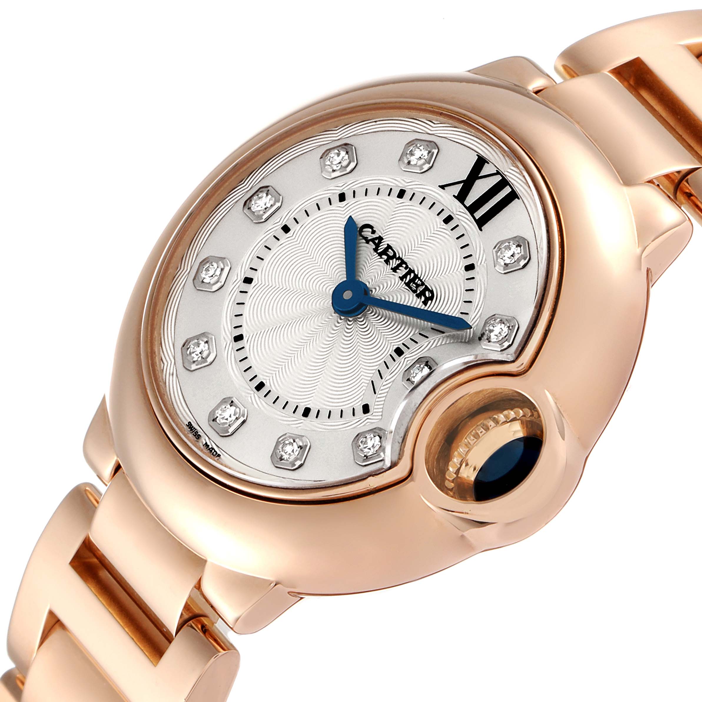 This image shows a close-up, angled view of the Cartier Ballon Bleu WE902025 Women's Rose Gold Silver Dial WE902025 Women's Rose Gold Silver Dial watch face, highlighting its dial, hands, and bracelet.