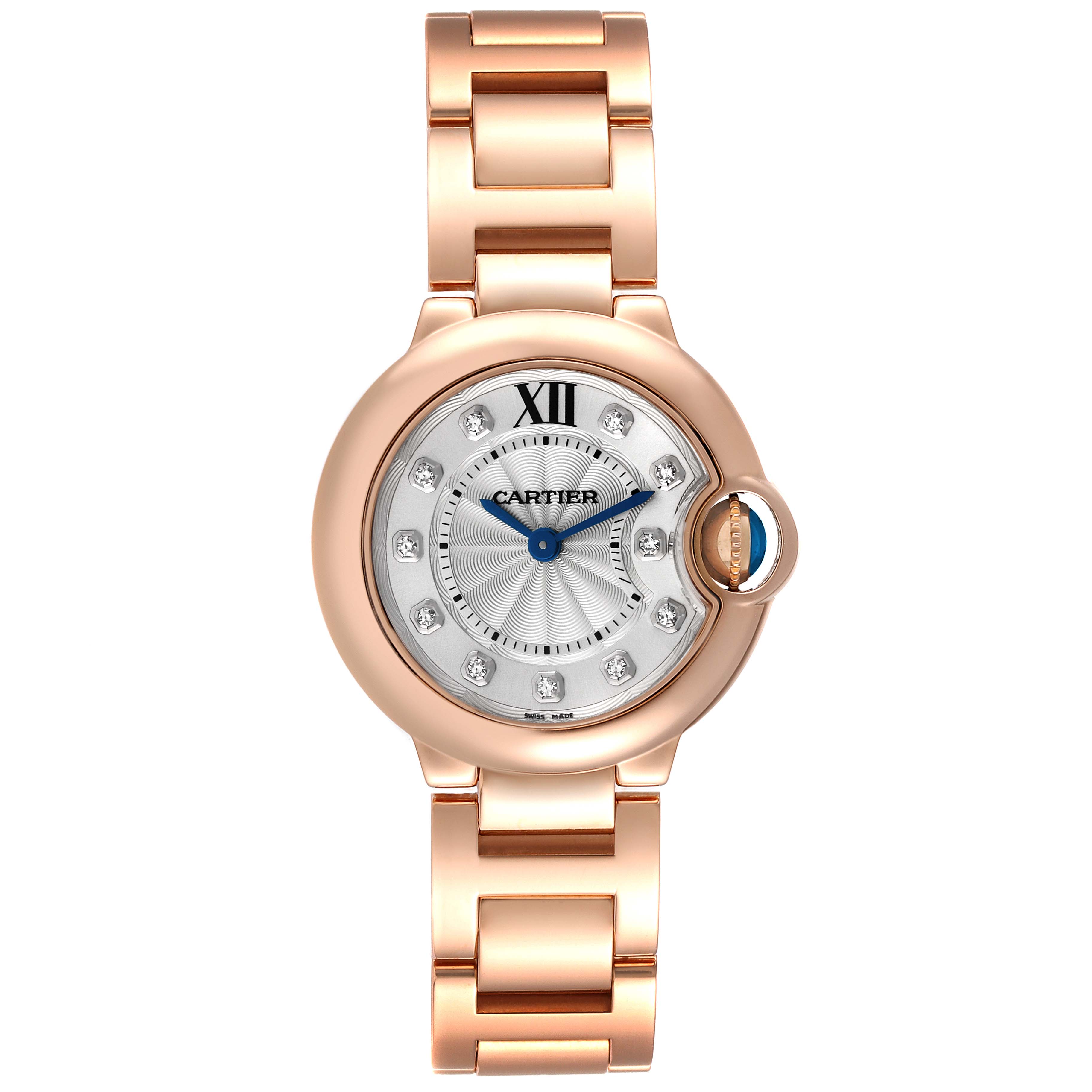 The image shows a front view of the Cartier Ballon Bleu WE902025 Women's Rose Gold Silver Dial WE902025 Women's Rose Gold Silver Dial watch, featuring its round face, bracelet, and crown.