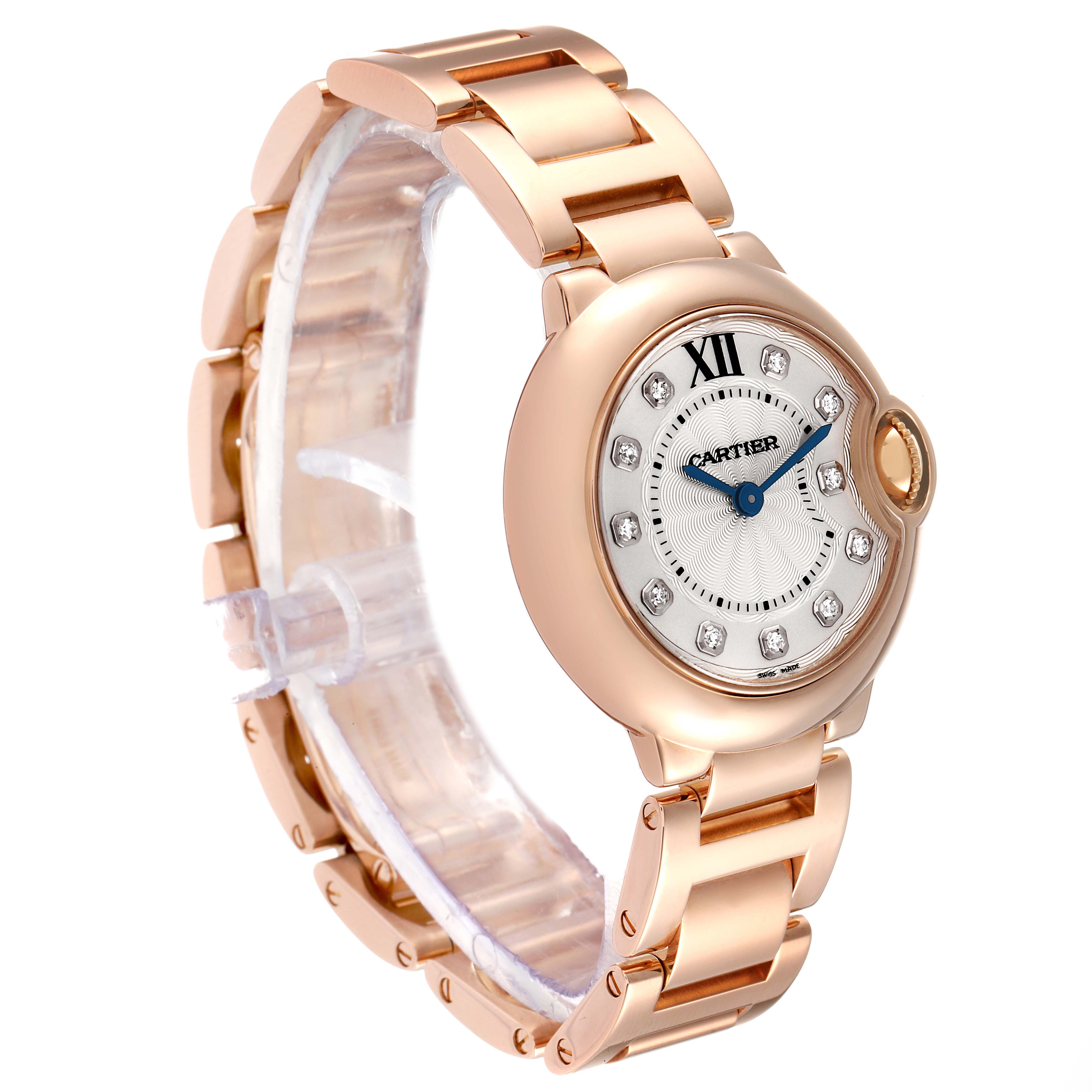This image shows a Cartier Ballon Bleu WE902025 Women's Rose Gold Silver Dial WE902025 Women's Rose Gold Silver Dial watch at an angle highlighting its face, bezel, and part of the bracelet.