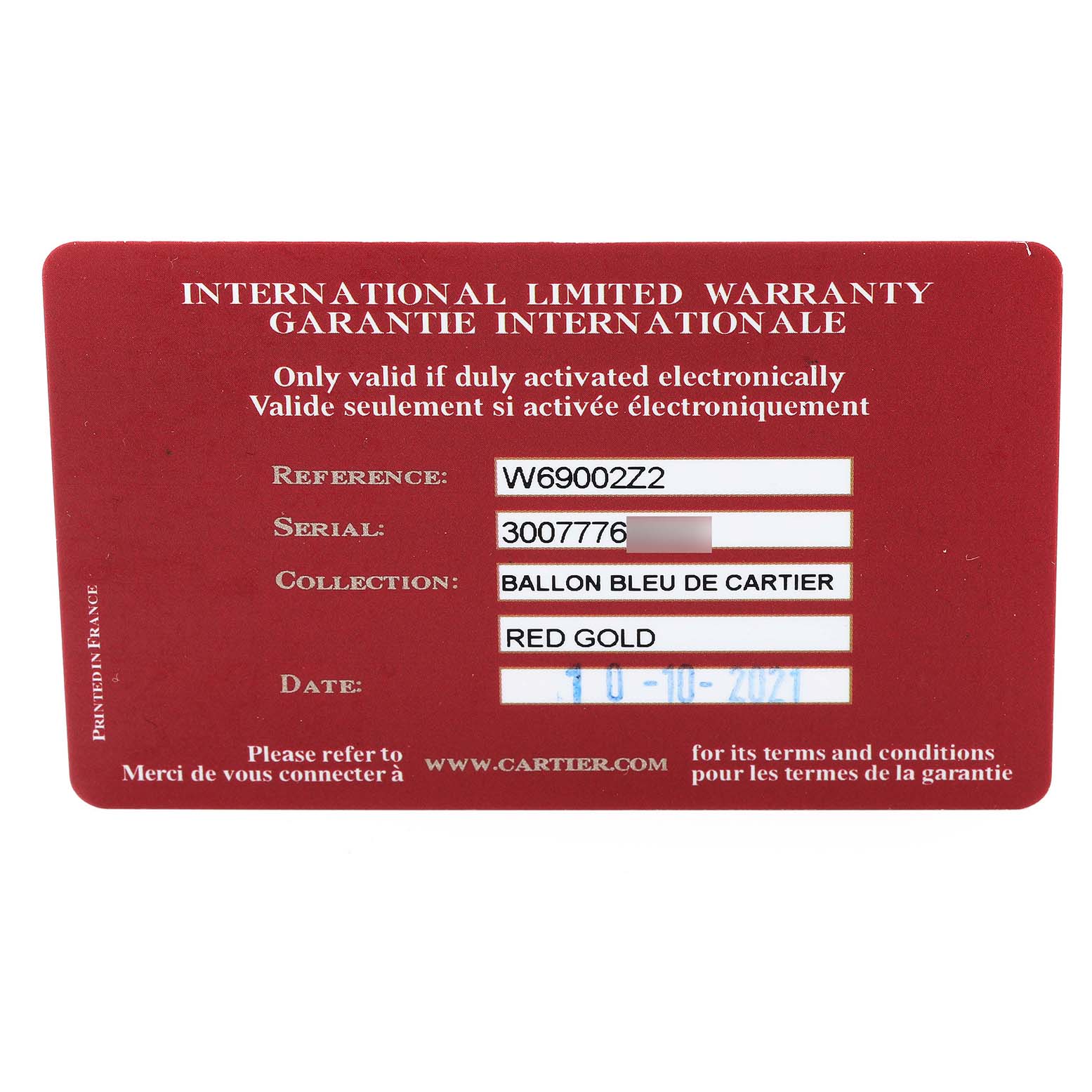 This image shows the Ballon Bleu by Cartier International Limited Warranty card, displaying reference, serial number, collection, and date.