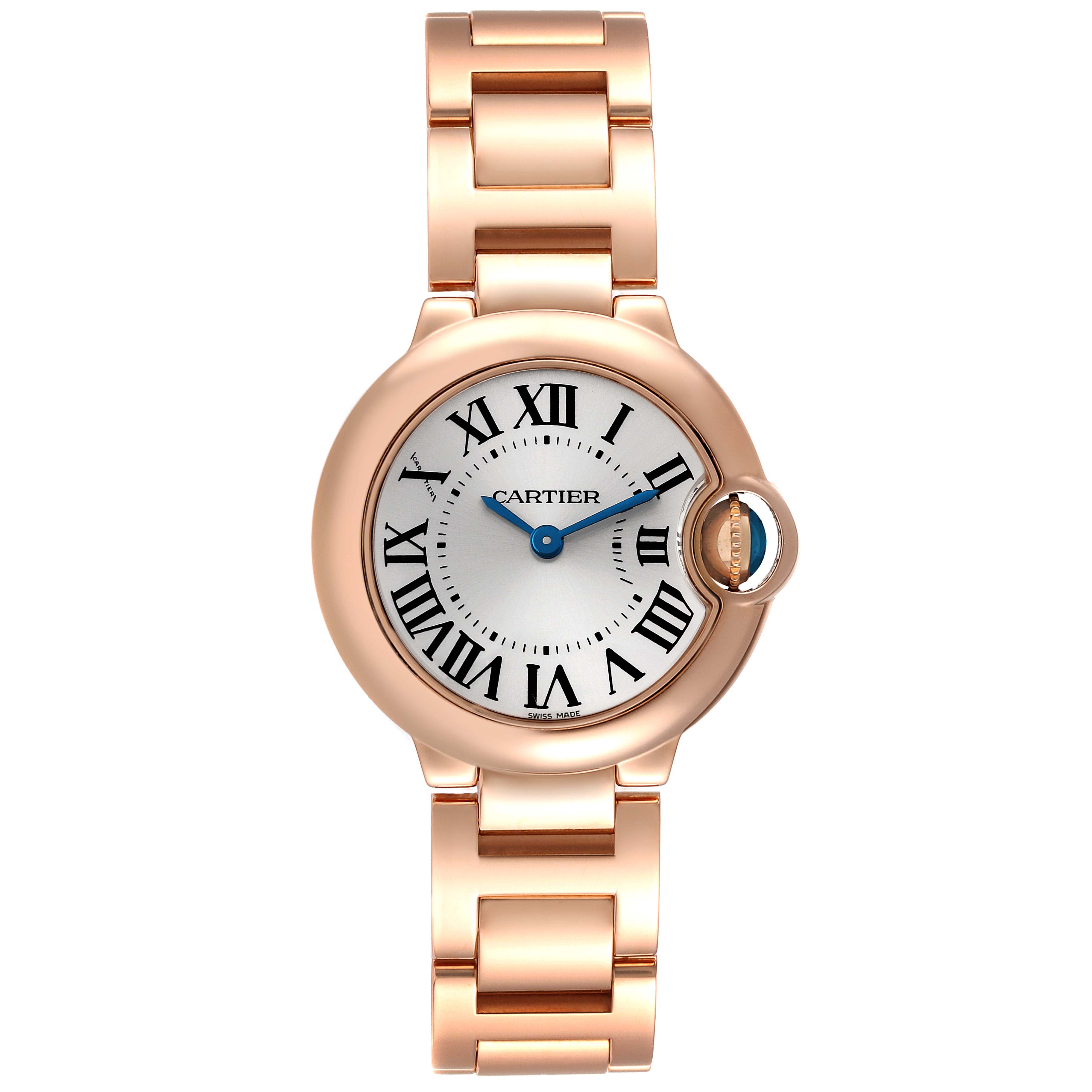 The image shows a frontal view of the Cartier Ballon Bleu W69002Z2 Women's Rose Gold Silver Dial W69002Z2 Women's Rose Gold Silver Dial watch, focusing on its dial and rose gold bracelet.