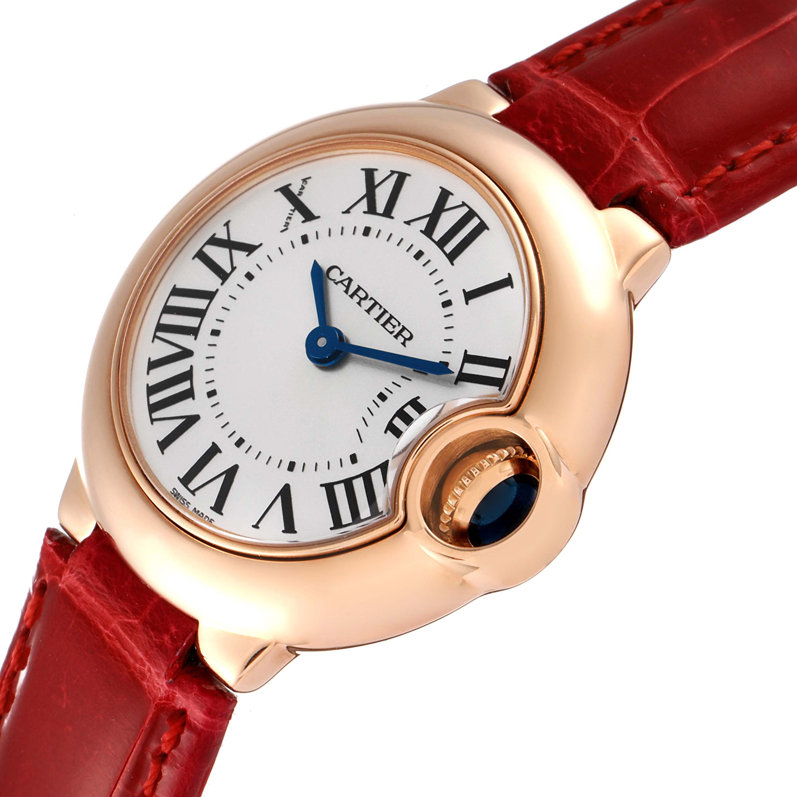 The image shows a Cartier Ballon Bleu W6900256 Women
s Rose Gold Silver Dial W6900256 Women
s Rose Gold Silver Dial watch, highlighting the dial, blue hands, Roman numerals, and red leather strap.