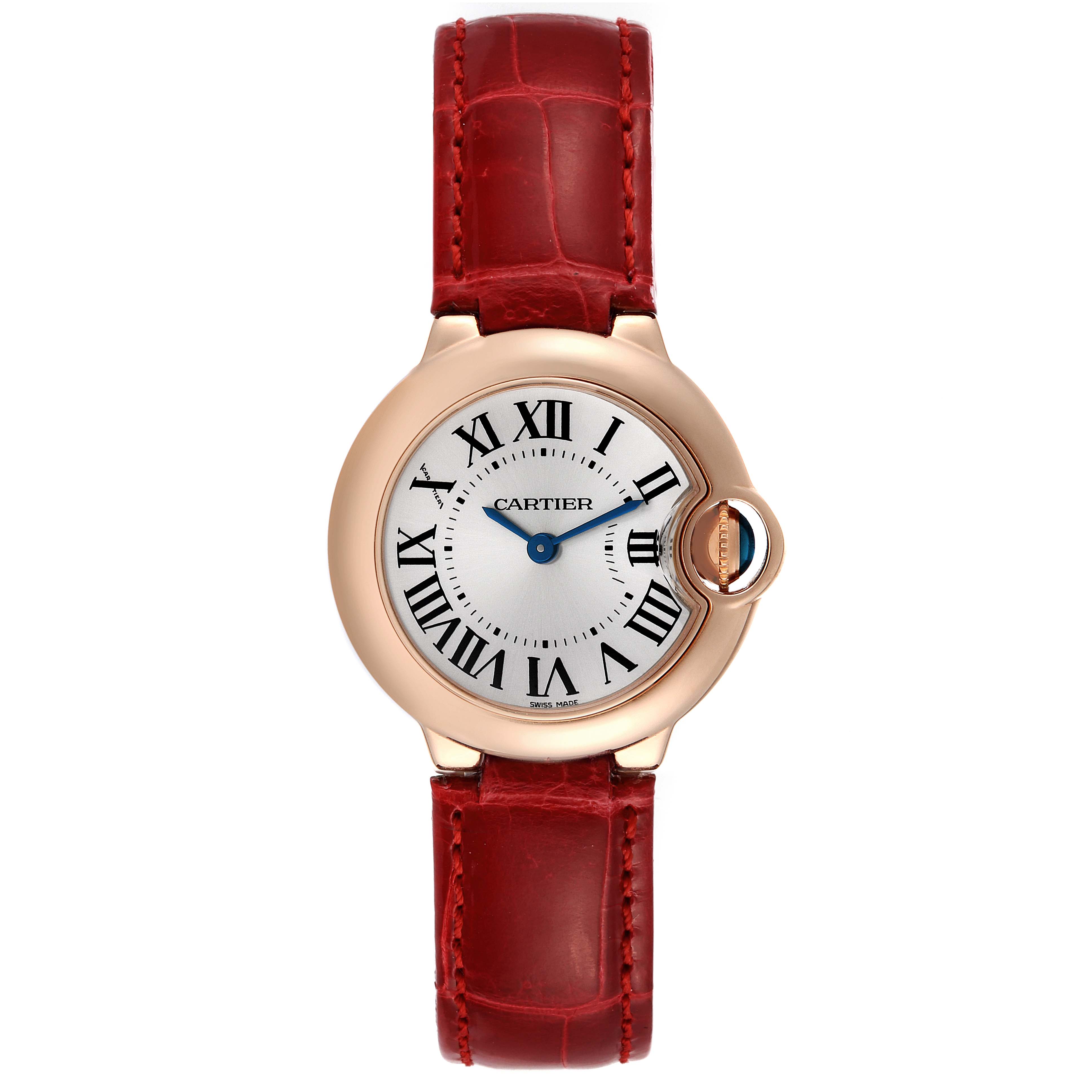 The image shows a Cartier Ballon Bleu W6900256 Women
s Rose Gold Silver Dial W6900256 Women
s Rose Gold Silver Dial watch with a round face, roman numerals, blue hands, and a red leather strap, viewed from the front.
