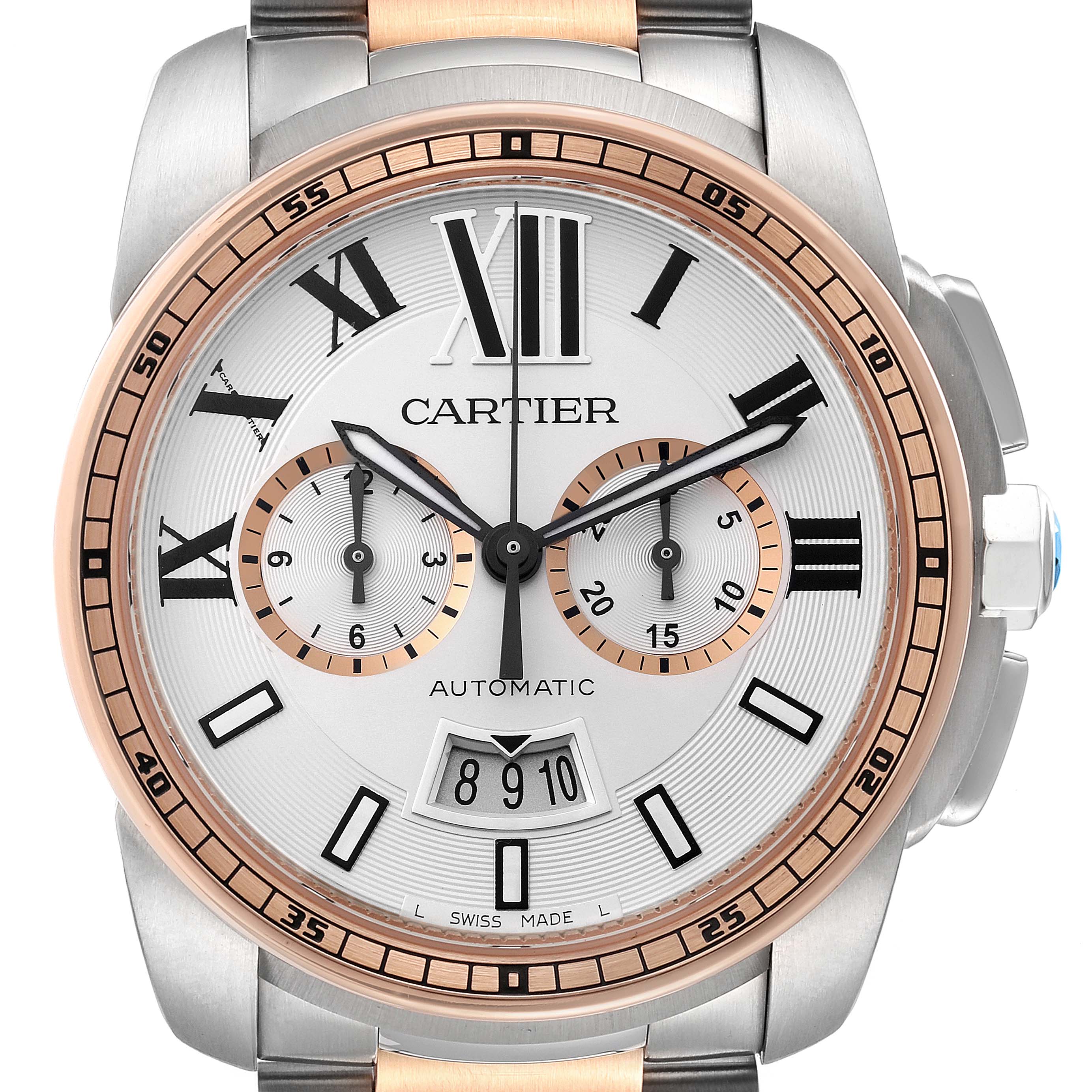 This image shows a front view of the Calibre de Cartier watch by Cartier, highlighting the dial and adjacent band.