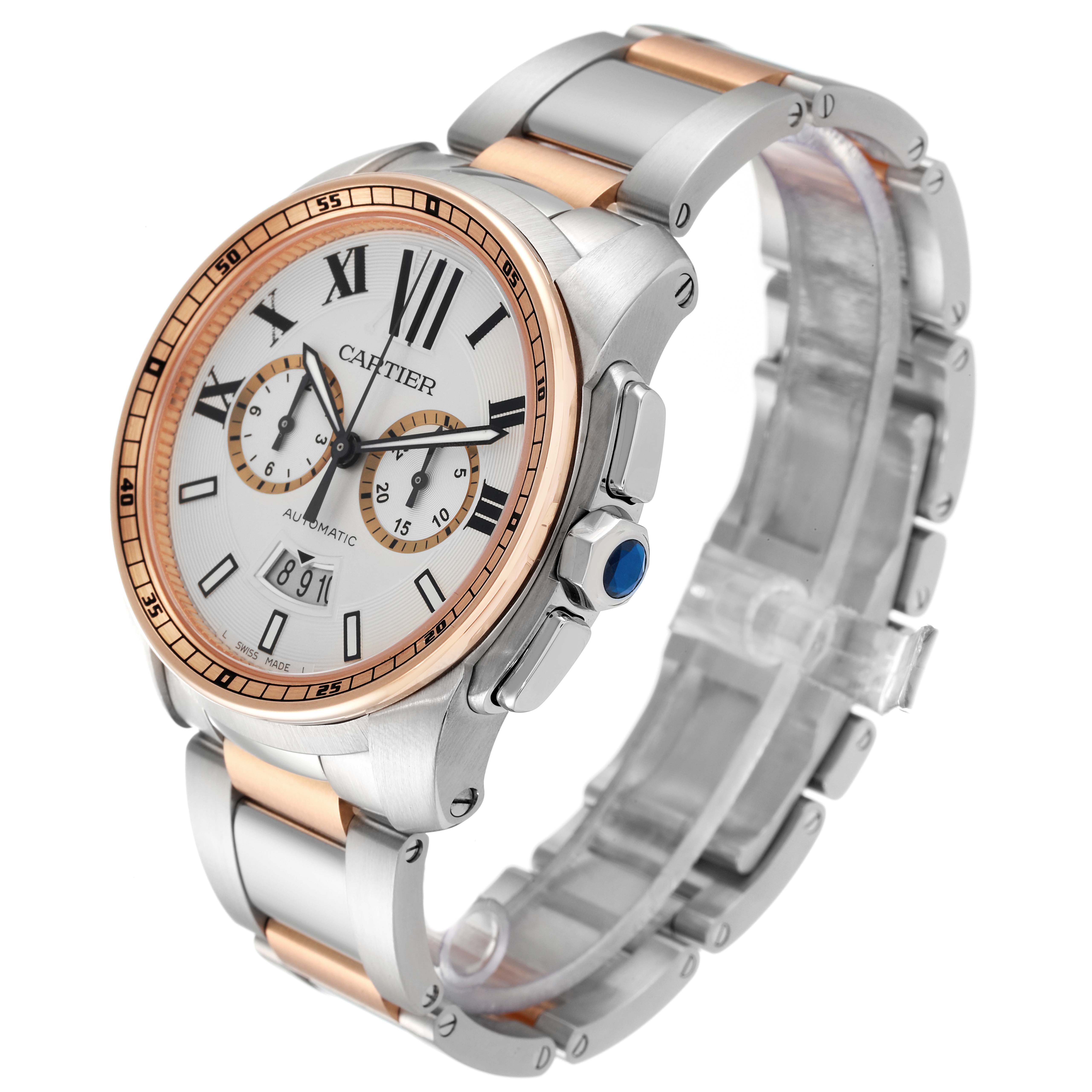 The image shows a Calibre de Cartier watch by Cartier from a three-quarter angle, highlighting its face, bezel, and bracelet.