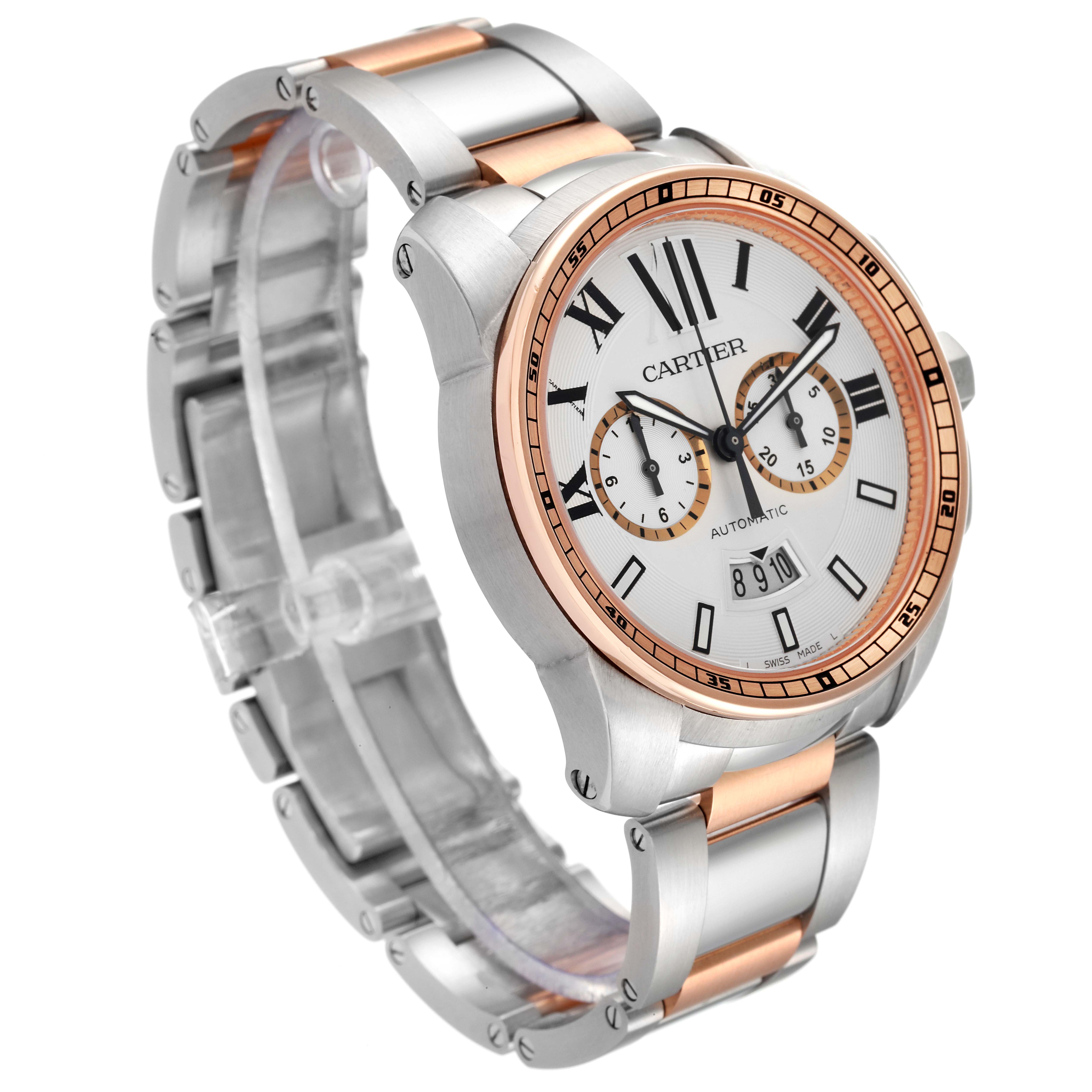 The image shows a Calibre de Cartier watch by Cartier from an angled side view, highlighting its silver and rose gold design.
