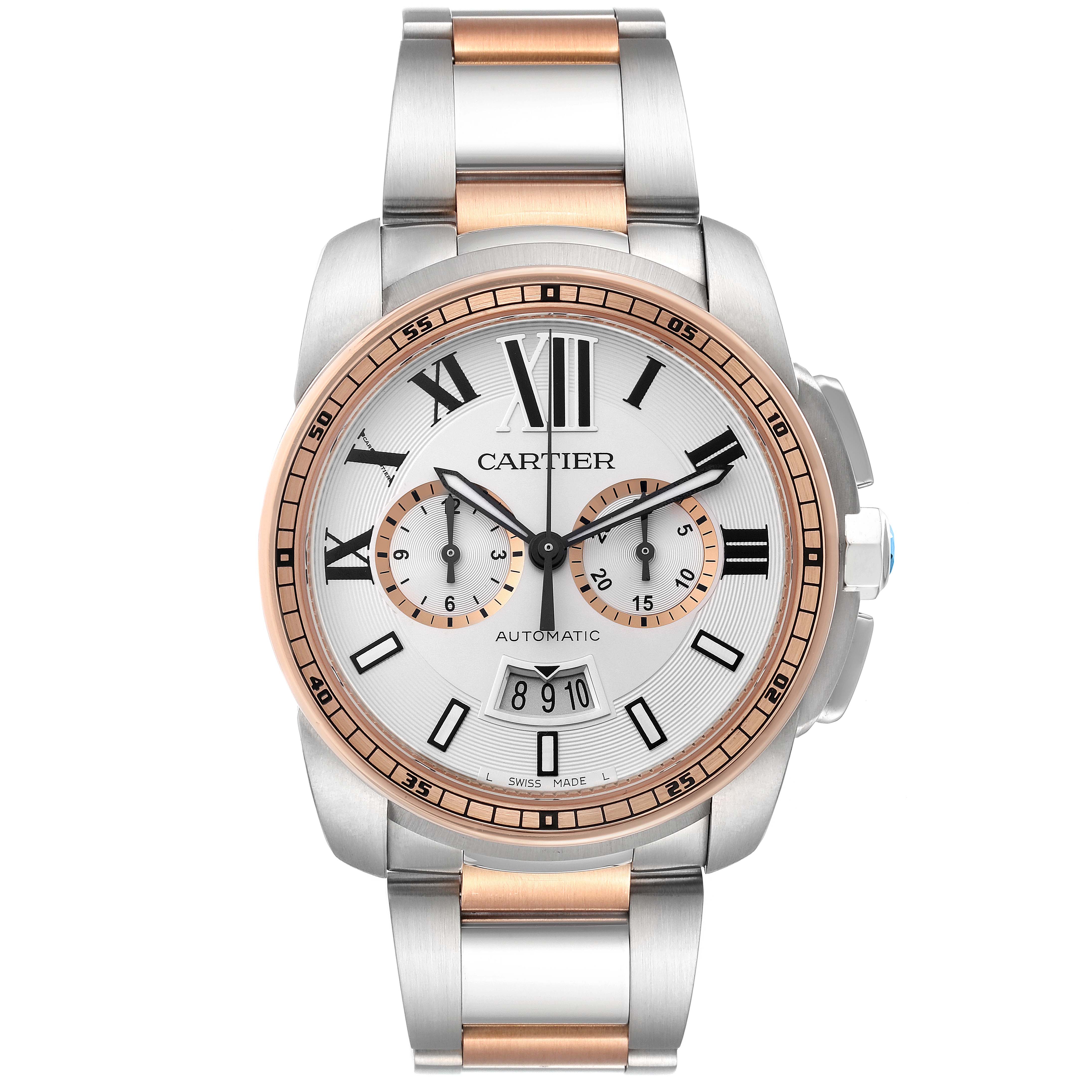 This image shows a front view of the Calibre de Cartier watch by Cartier, featuring the face, bezel, and bracelet.