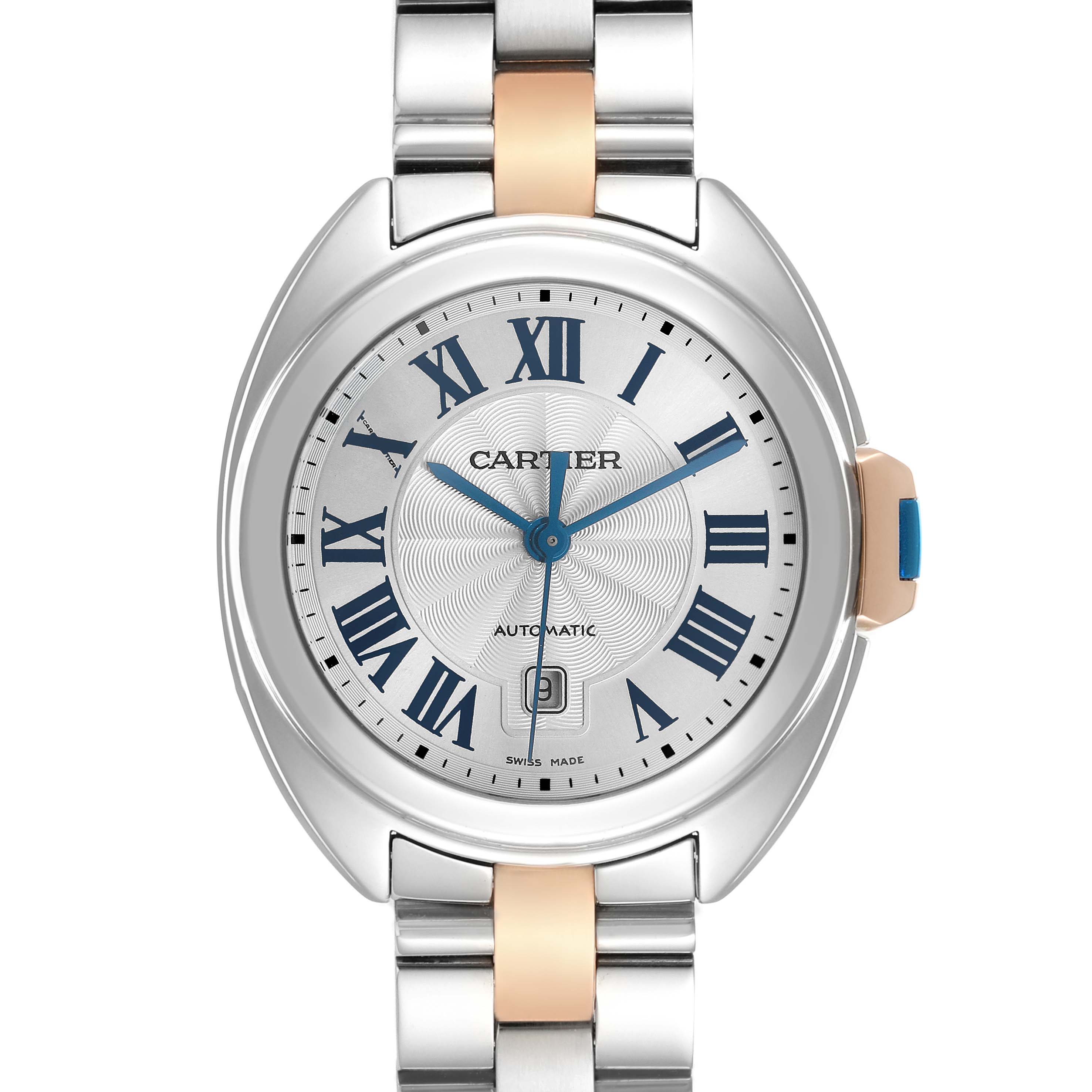 The Cartier Clé watch is shown from a front view, highlighting the dial, bezel, bracelet, and crown.