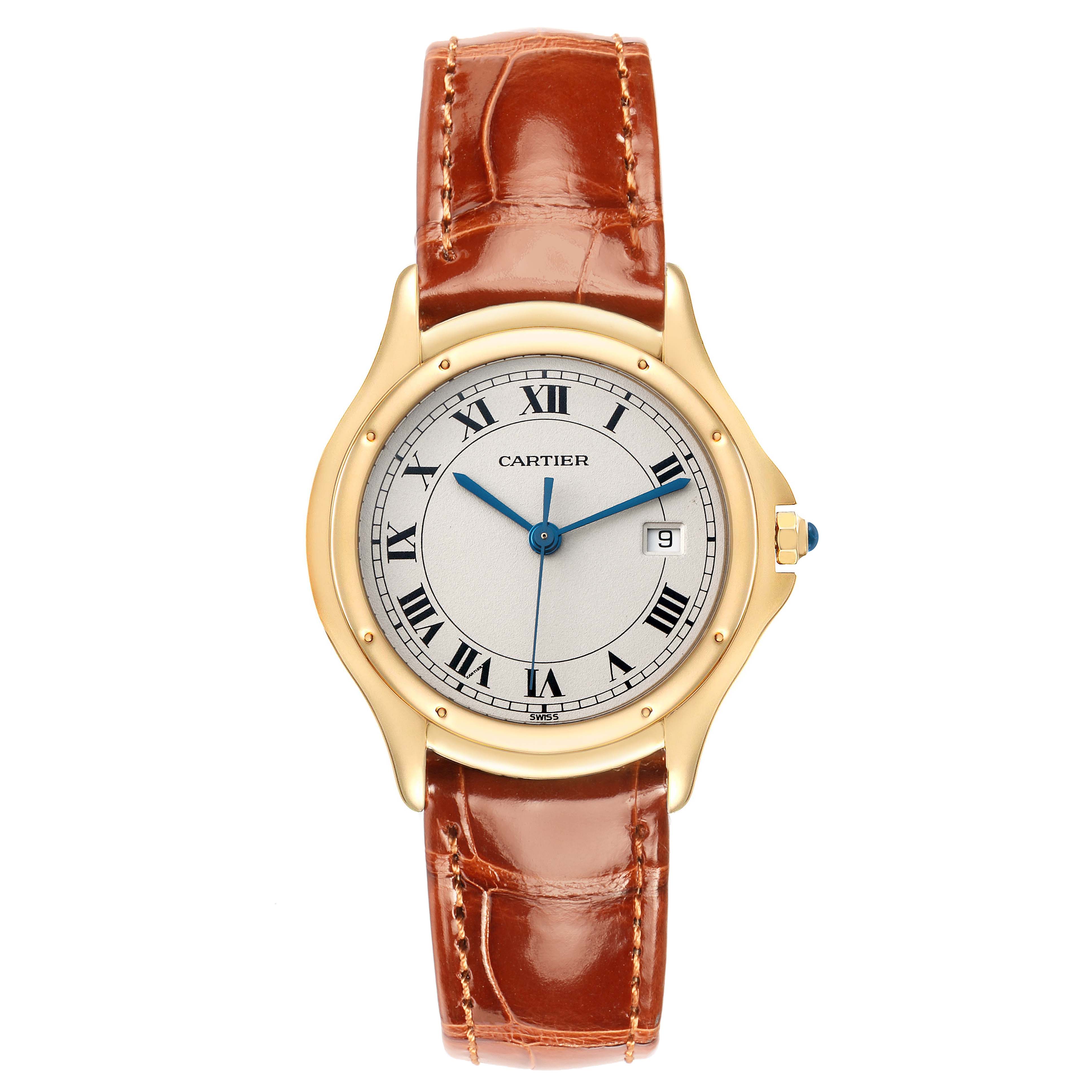The Cartier Panthere W3500453 Men's Yellow Gold Silver Dial watch is shown from a top-down angle, highlighting its round face, gold case, and brown leather strap.