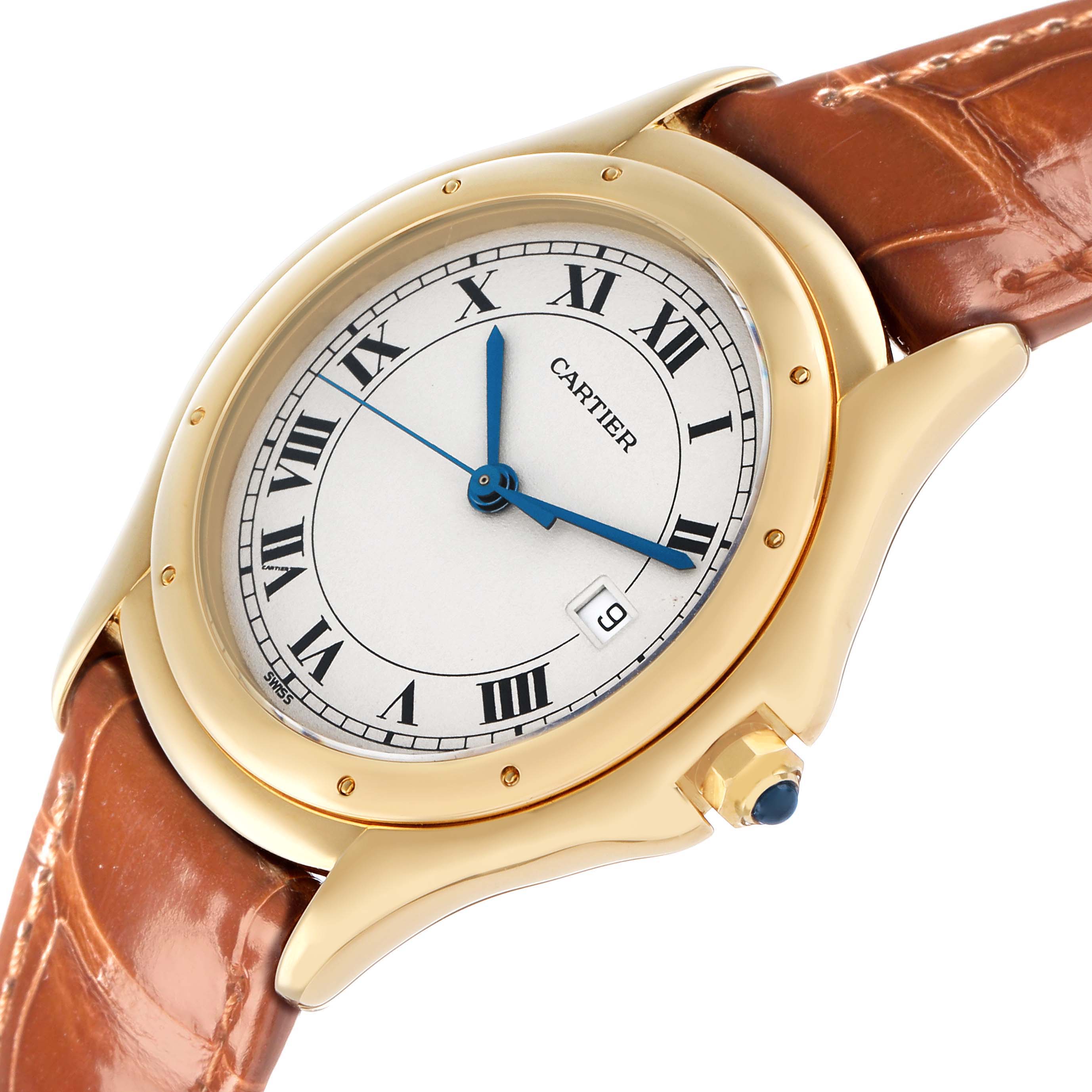 The Cartier Panthere W3500453 Men's Yellow Gold Silver Dial watch is shown at an angle highlighting the dial, crown with a blue cabochon, and brown leather strap.