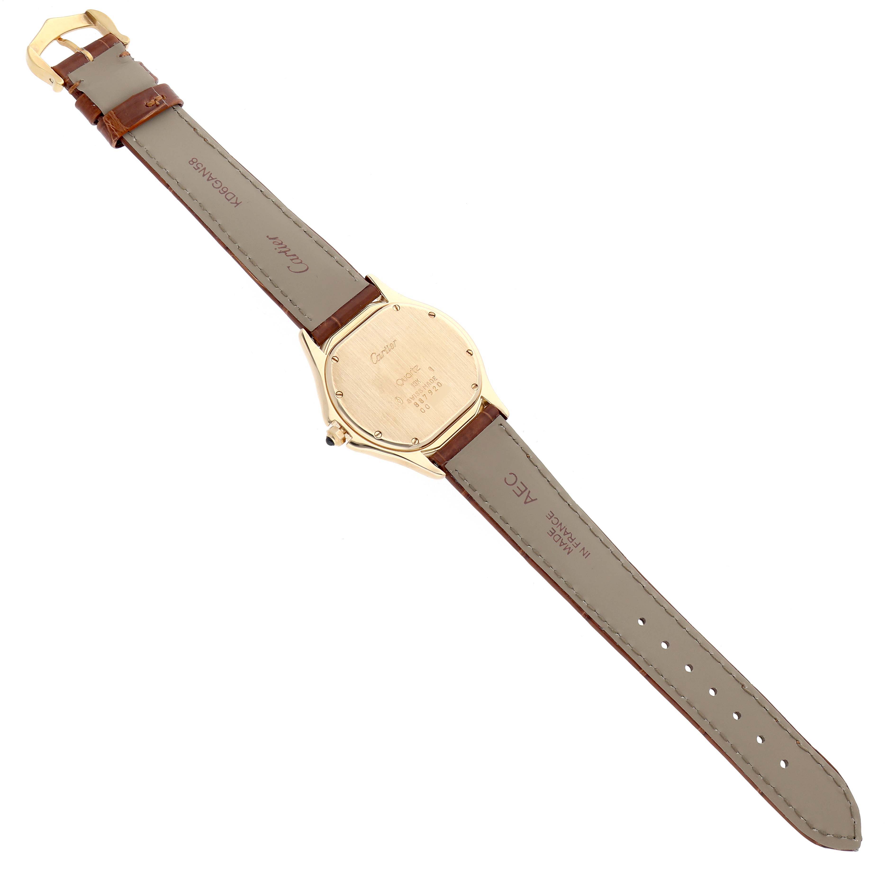 The image shows the back view of a Cartier Panthere W3500453 Men's Yellow Gold Silver Dial watch, highlighting the case back and leather strap.