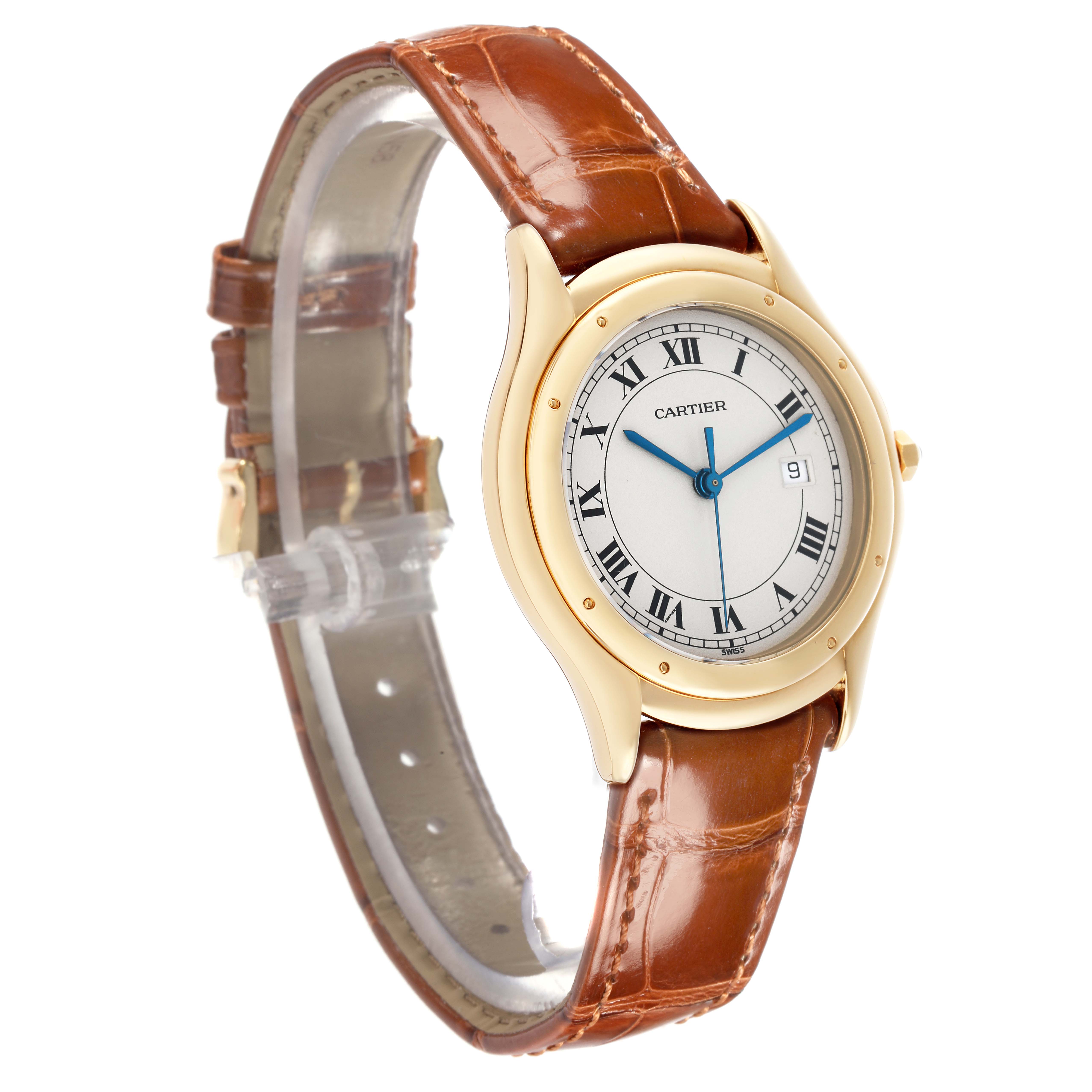 The Cartier Panthere W3500453 Men's Yellow Gold Silver Dial watch is shown at a three-quarter angle, highlighting the face, bezel, and brown leather strap.