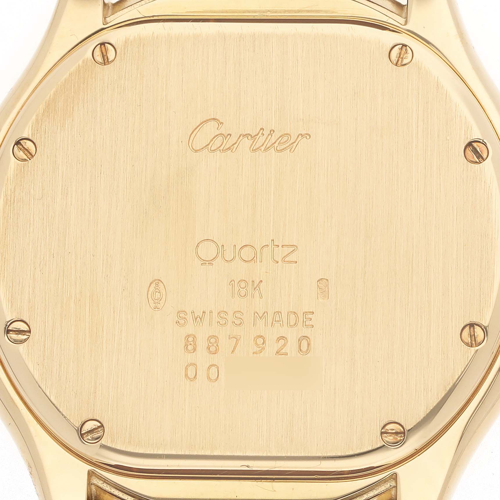The image shows the back case of a Cartier Panthere W3500453 Men's Yellow Gold Silver Dial watch, displaying the brand, model, and specifications.