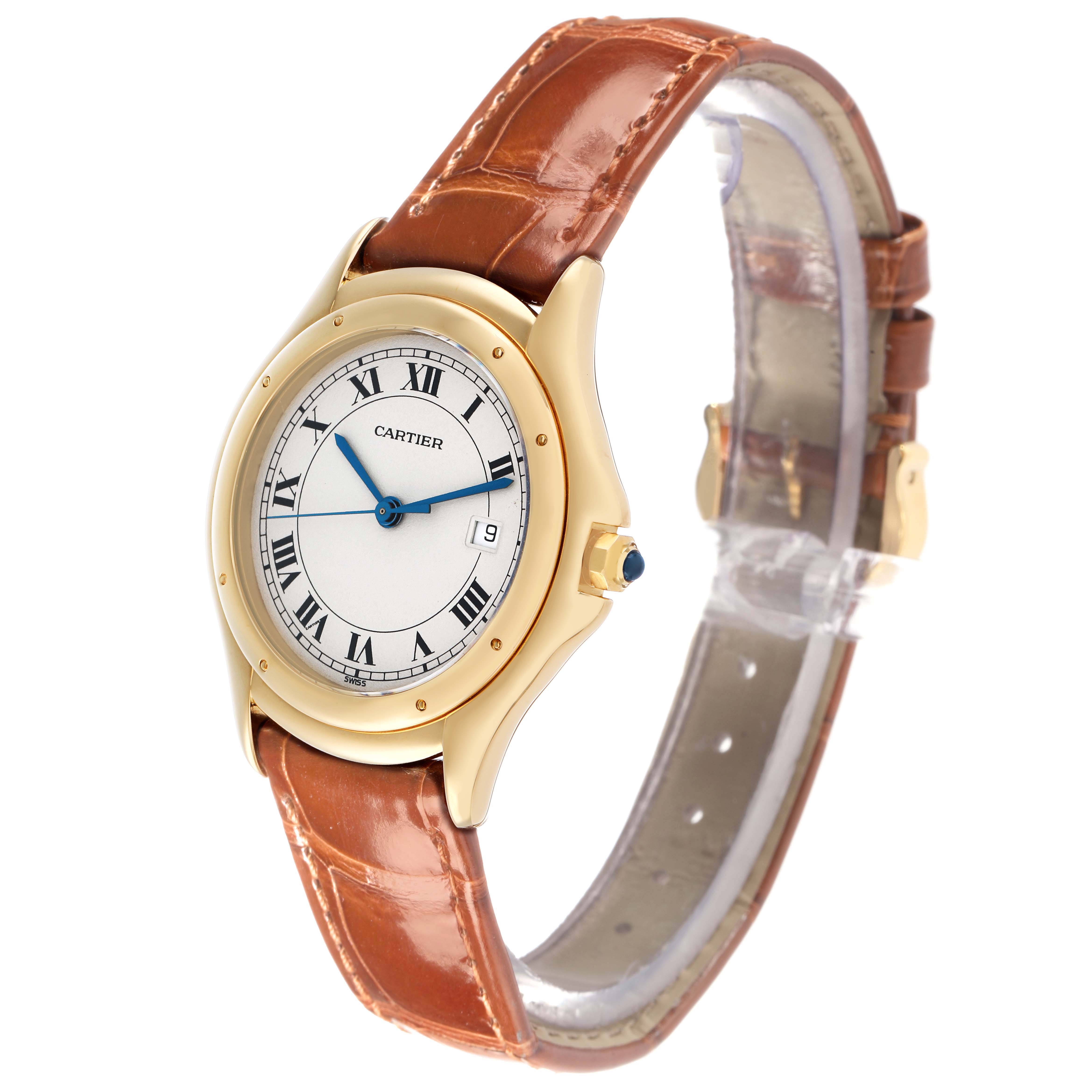 The Cartier Panthère watch is shown at a slight angle, highlighting its face, bezel, side profile, and leather strap.