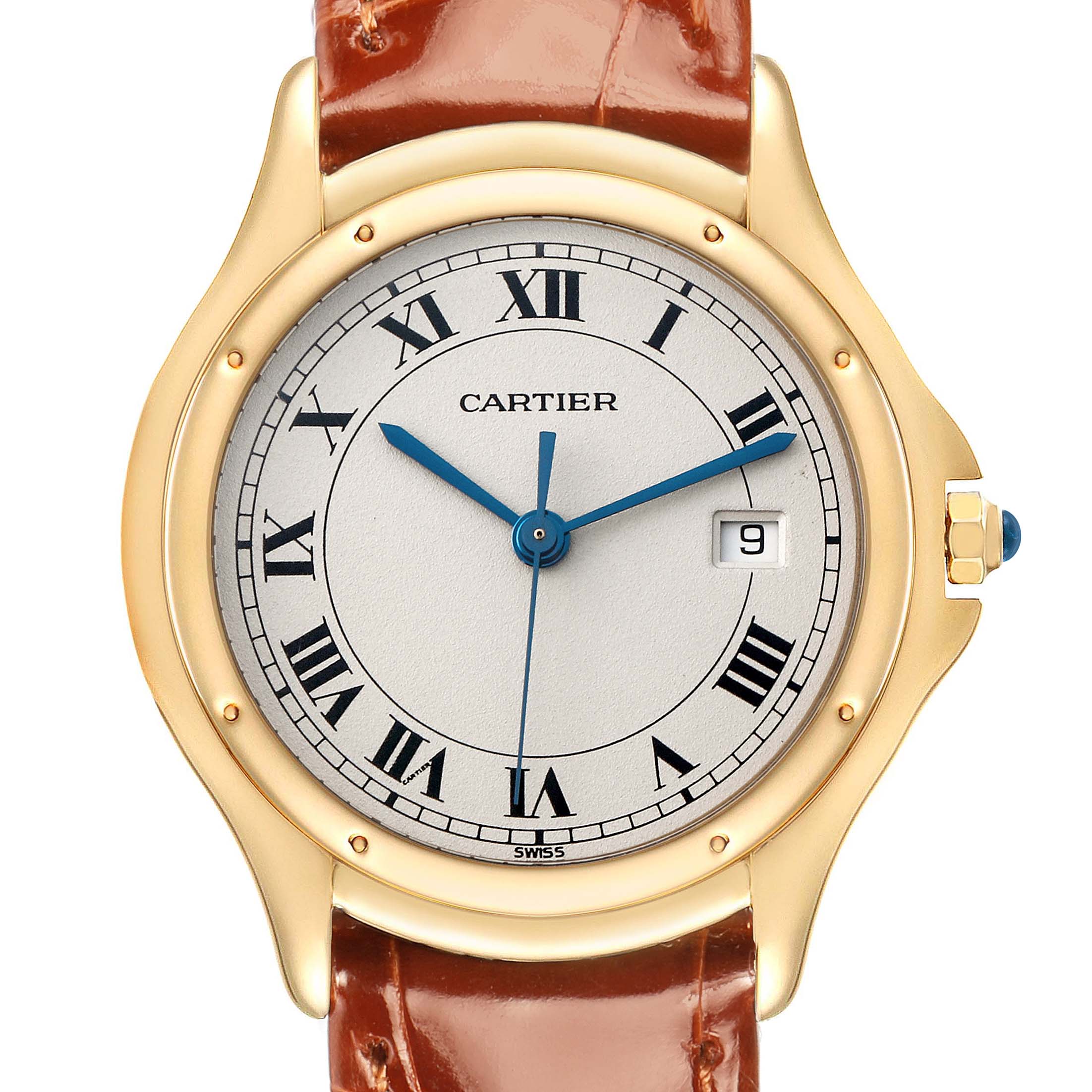 The Cartier Panthere W3500453 Men's Yellow Gold Silver Dial watch is shown from a front angle, displaying the face, bezel, and parts of the strap.