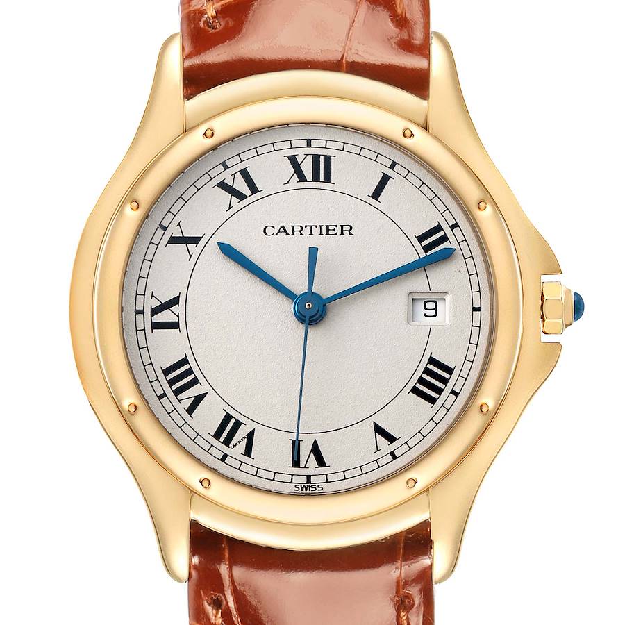 The Cartier Panthere W3500453 Men's Yellow Gold Silver Dial watch is shown from a front angle, displaying the face, bezel, and parts of the strap.