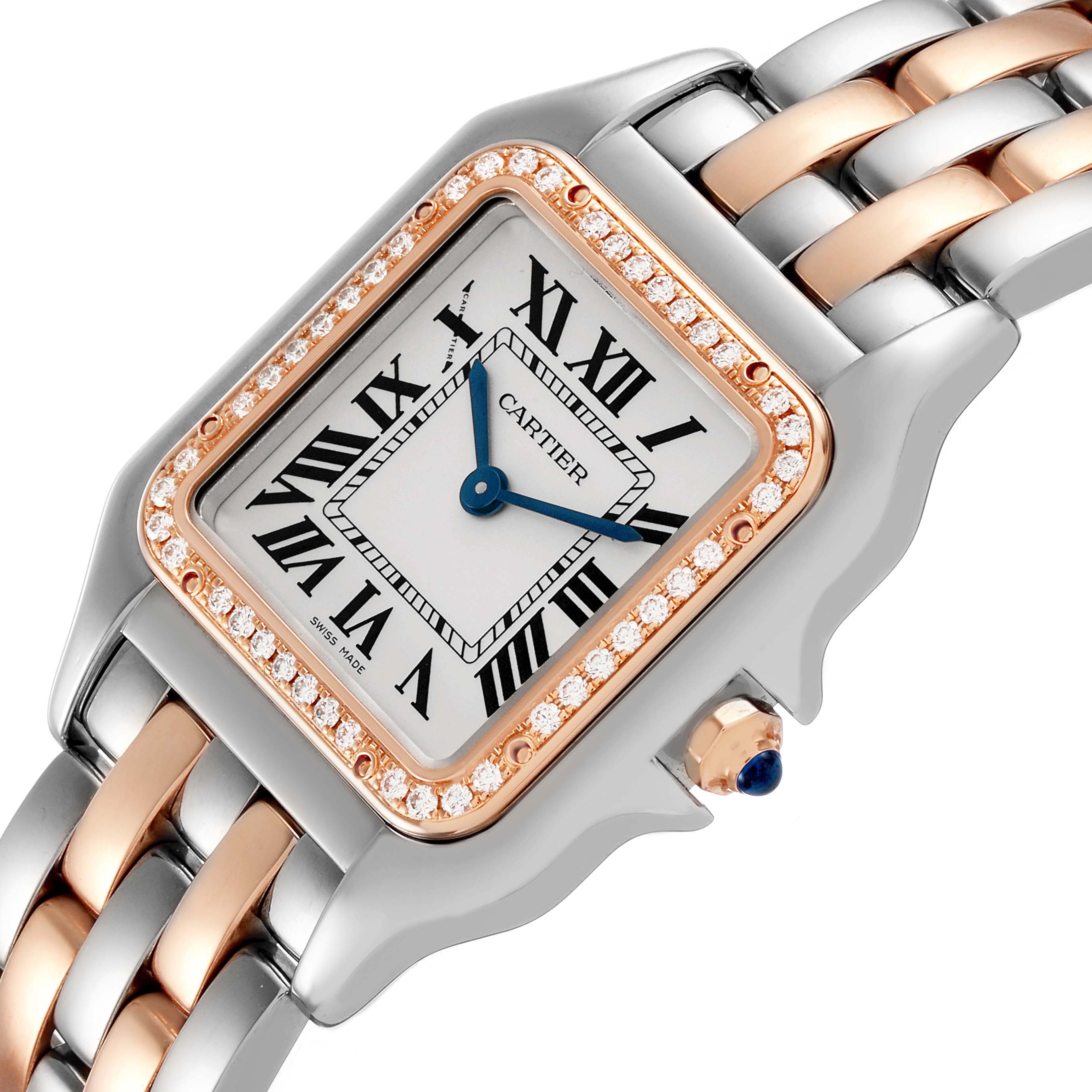 The Cartier Panthere W3PN0015 Women's Steel and Gold (two tone) Silver Dial watch is shown at an angle highlighting the face, bezel with diamonds, and two-tone bracelet.