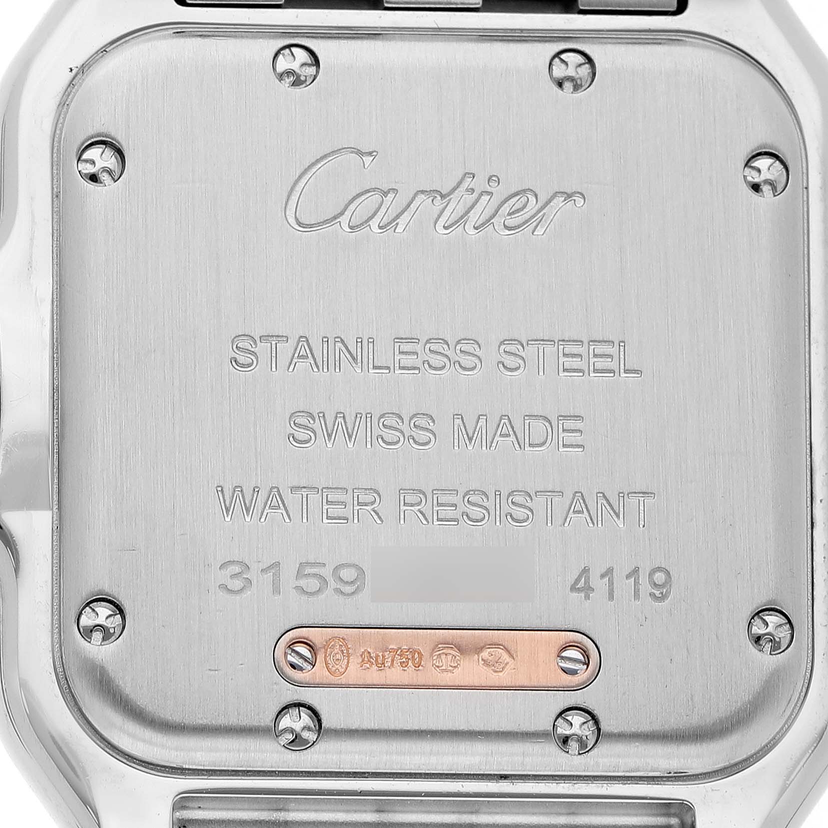 This image shows the case back of a Cartier Panthère watch, highlighting its stainless steel, screws, and engravings.