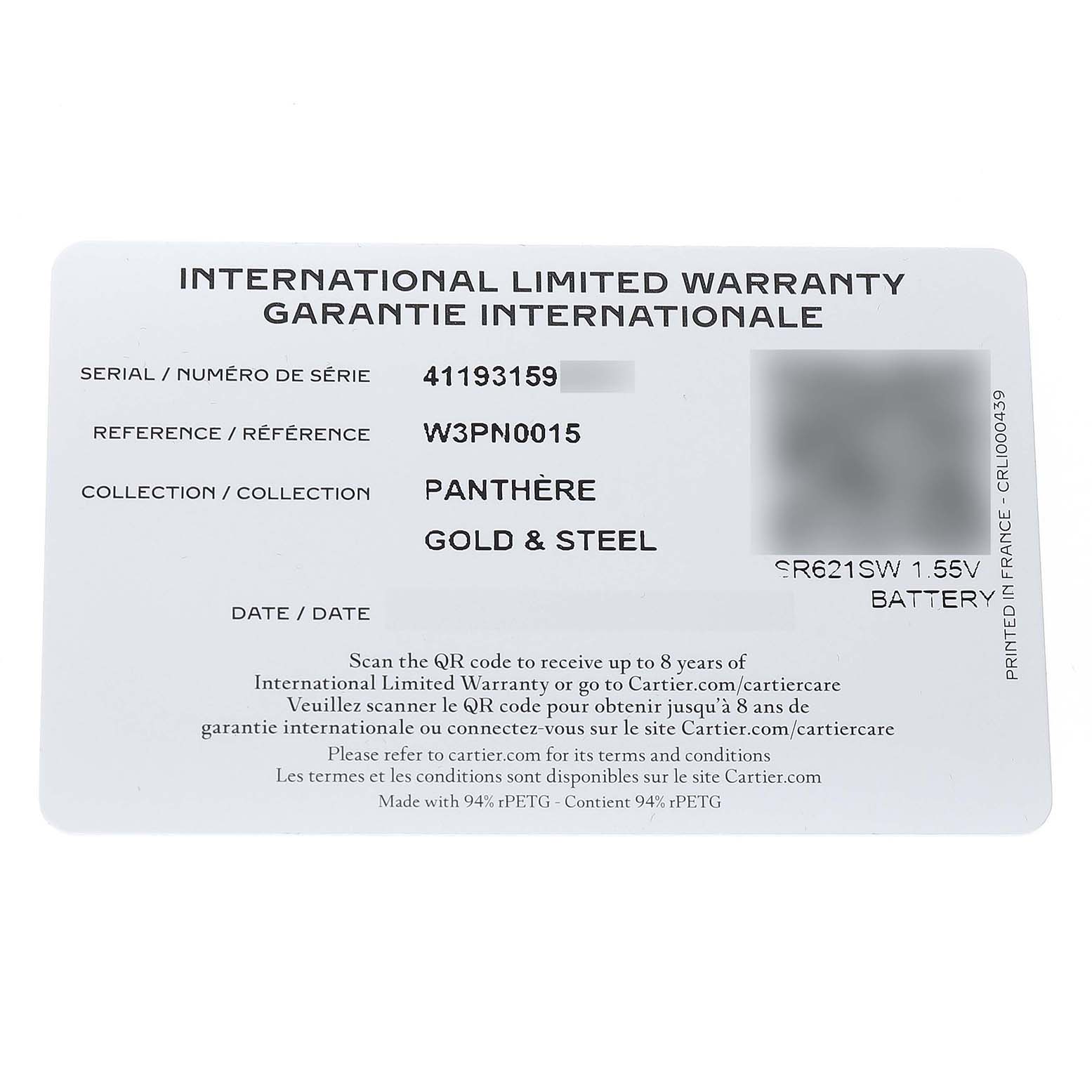 The image shows the International Limited Warranty card for the Cartier Panthère watch model, displaying details like serial and reference numbers.