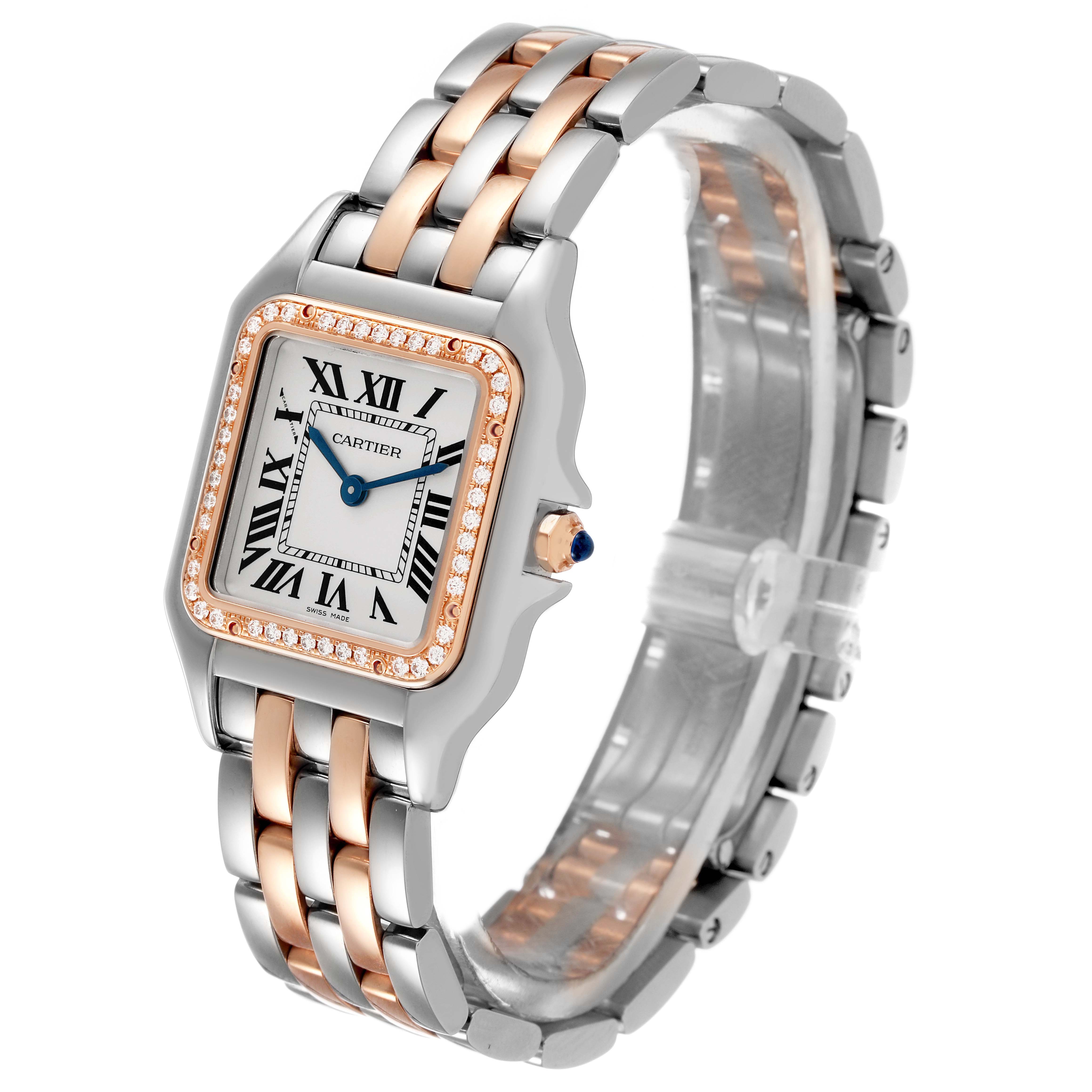 The Cartier Panthere W3PN0015 Women's Steel and Gold (two tone) Silver Dial watch is shown at an angled view displaying its bezel, dial, bracelet, and crown.