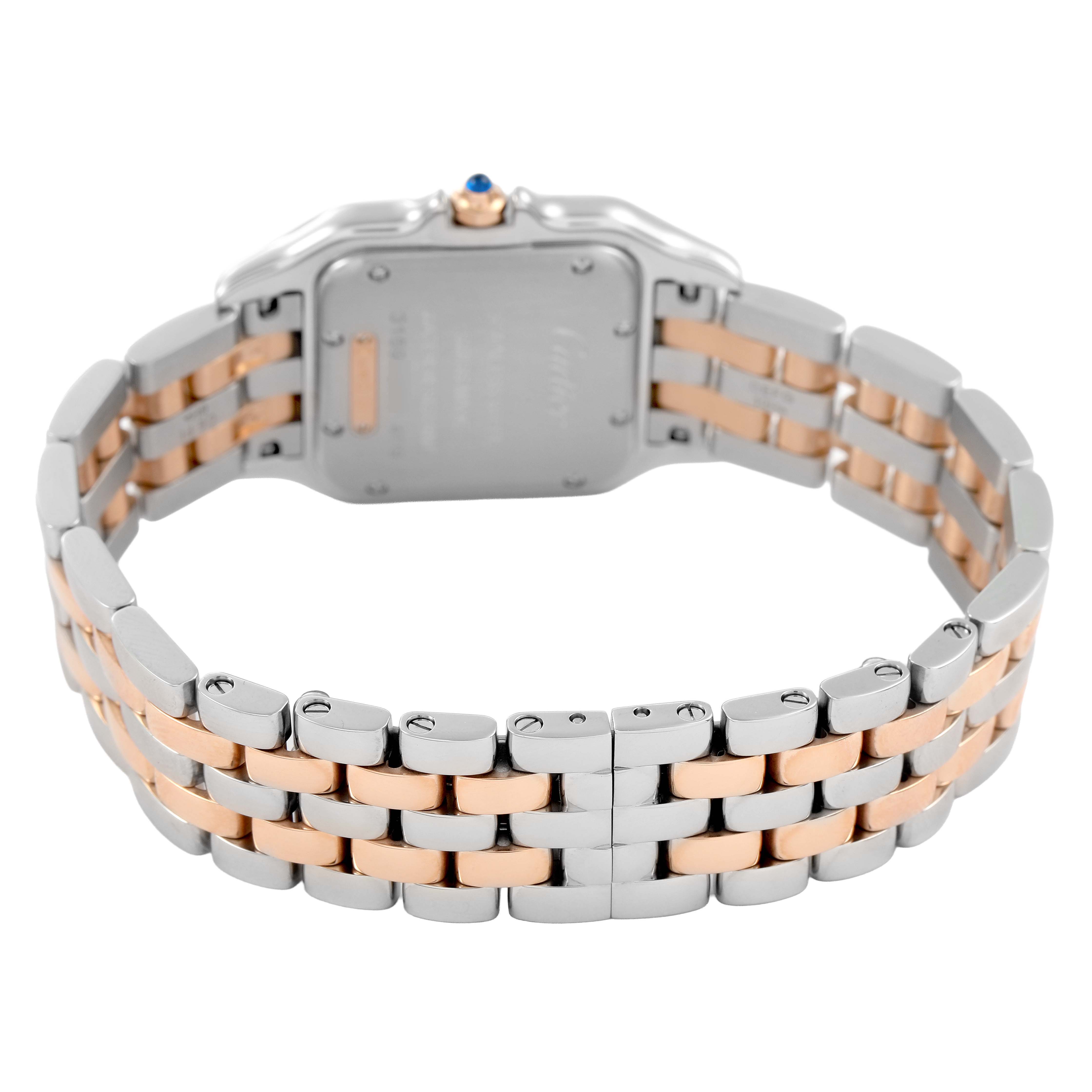The image shows the back view of the Cartier Panthere W3PN0015 Women's Steel and Gold (two tone) Silver Dial watch, highlighting the case back and two-tone bracelet.
