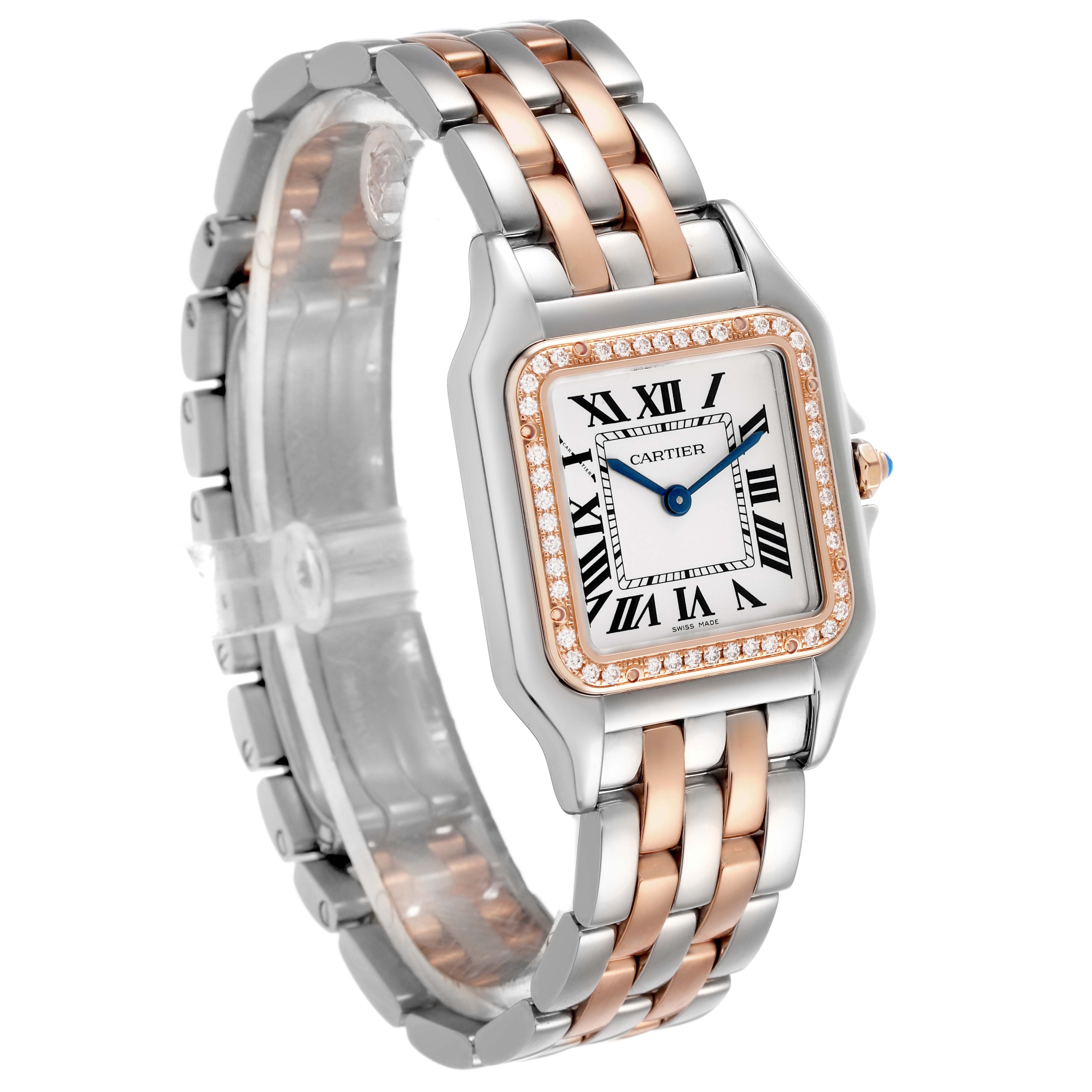The Cartier Panthere W3PN0015 Women's Steel and Gold (two tone) Silver Dial watch is shown at an angled view, displaying the face, bezel with diamonds, and two-tone metal bracelet.