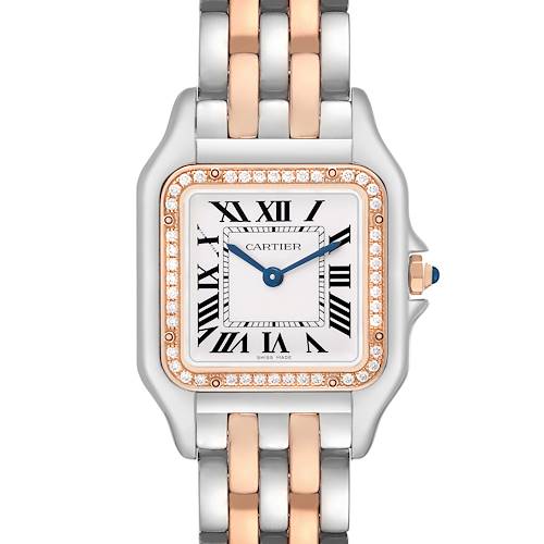 The Cartier Panthère watch is shown from the front, displaying the face, bezel, and part of the two-tone bracelet.