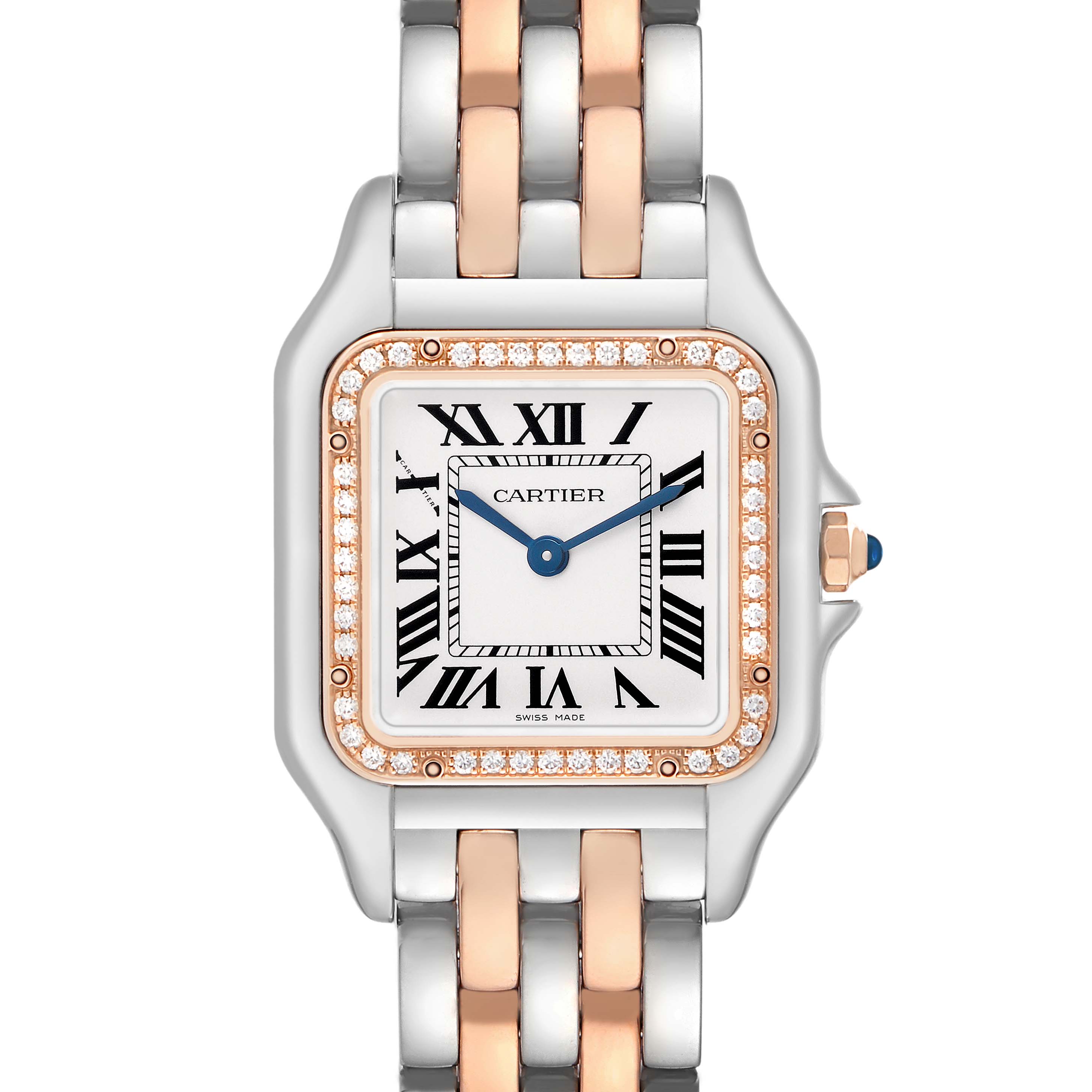 The Cartier Panthere W3PN0015 Women's Steel and Gold (two tone) Silver Dial watch is shown from a top view, highlighting the face, diamond bezel, and two-tone bracelet.