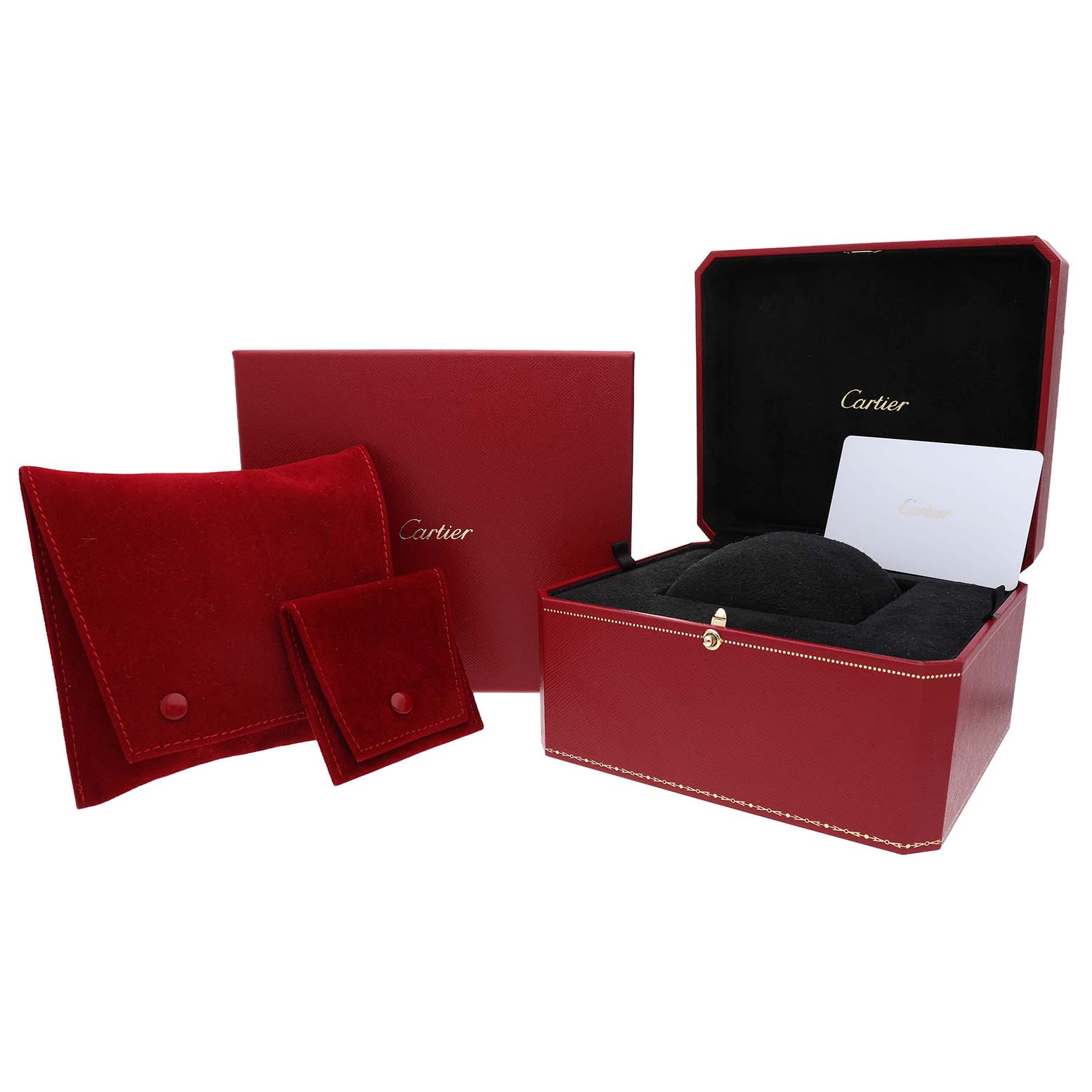 The image shows a Cartier Panthère watch box, red pouches, a warranty card, and packaging, all from a side angle.