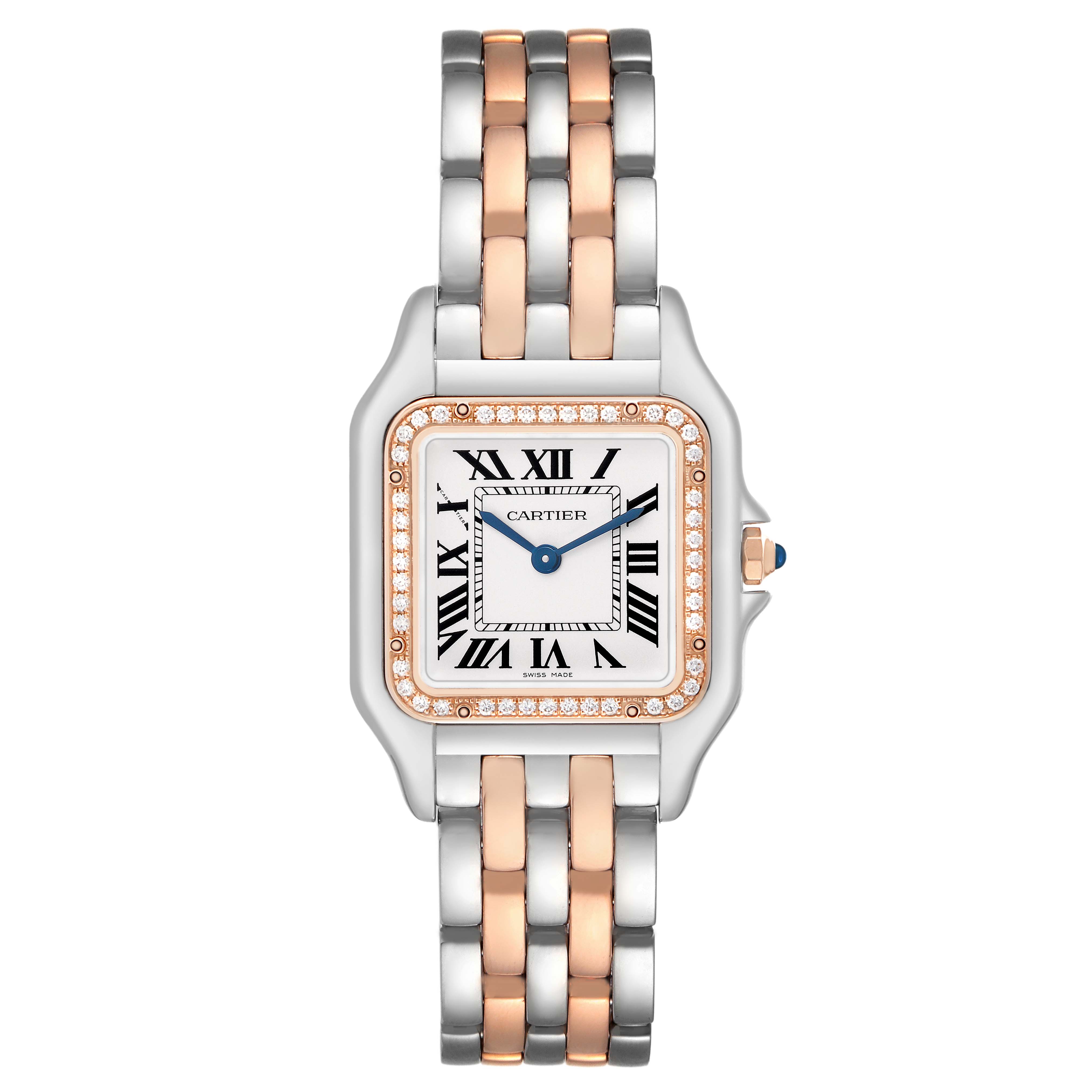The Cartier Panthère watch is shown from the front, featuring a two-tone bracelet and diamond-accented bezel.