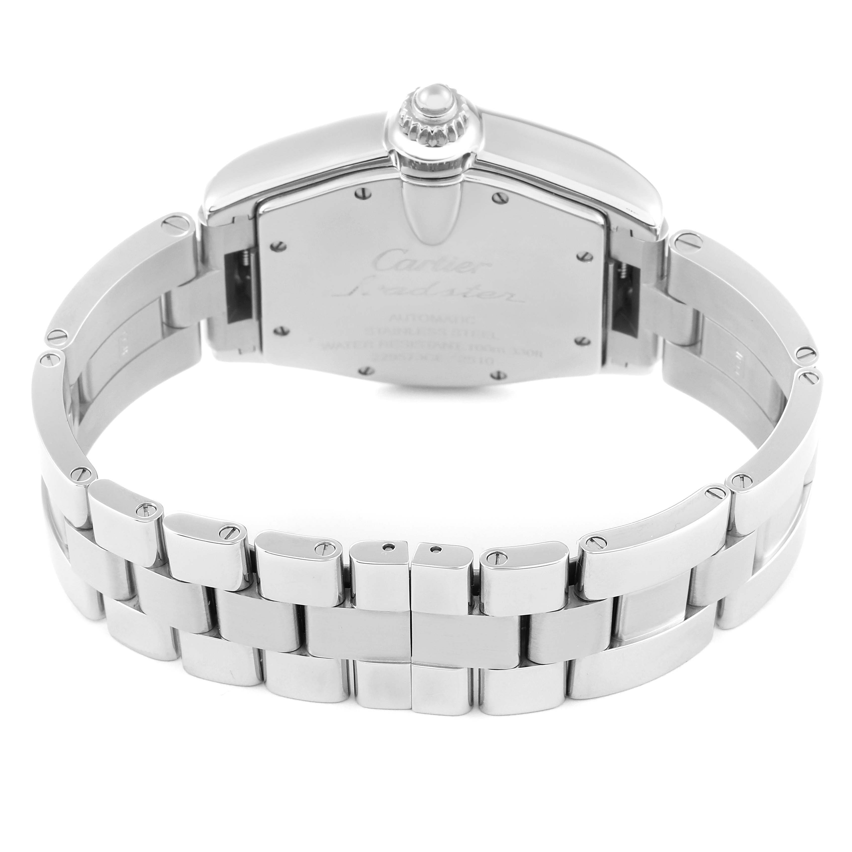 The image shows the back view of a Cartier Roadster W62025V3 Men's Stainless Steel Silver Dial W62025V3 Men's Stainless Steel Silver Dial watch displaying the closed clasp and stainless steel bracelet.
