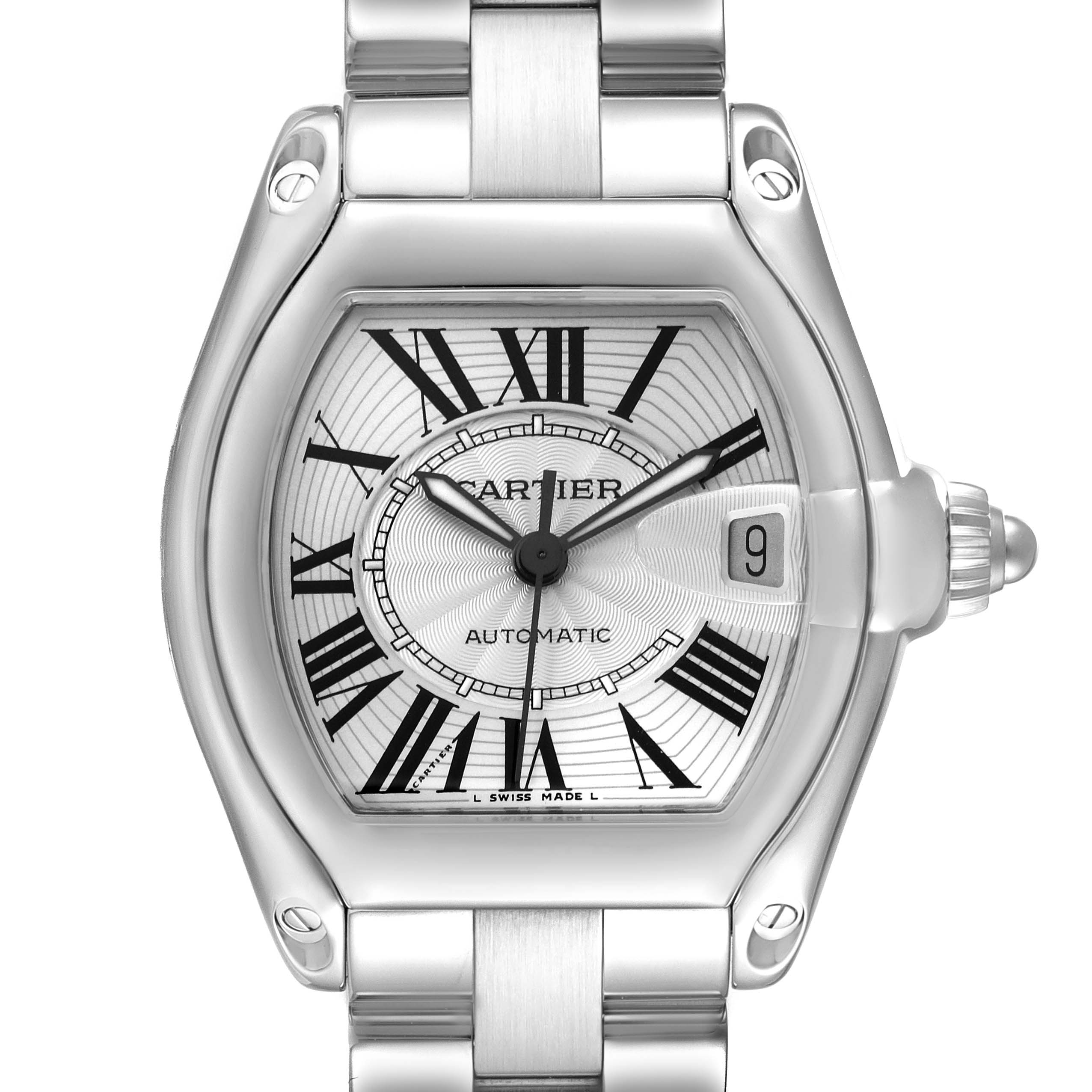This image shows a front view of a Cartier Roadster W62025V3 Men's Stainless Steel Silver Dial W62025V3 Men's Stainless Steel Silver Dial model watch, featuring its dial, date window, and metal bracelet.