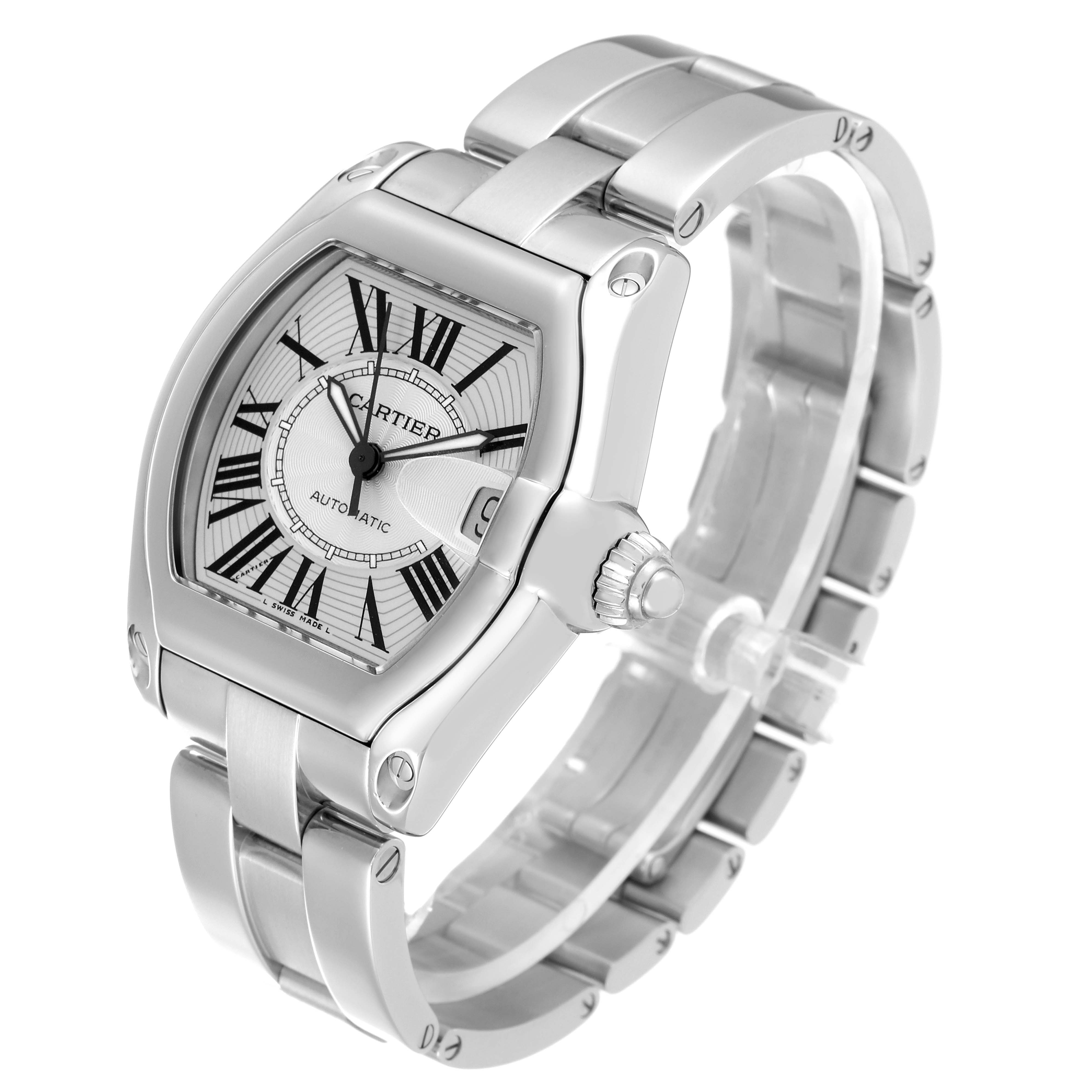 The Cartier Roadster W62025V3 Men's Stainless Steel Silver Dial W62025V3 Men's Stainless Steel Silver Dial watch is shown at a three-quarter angle, highlighting its face, bezel, crown, and metal bracelet.