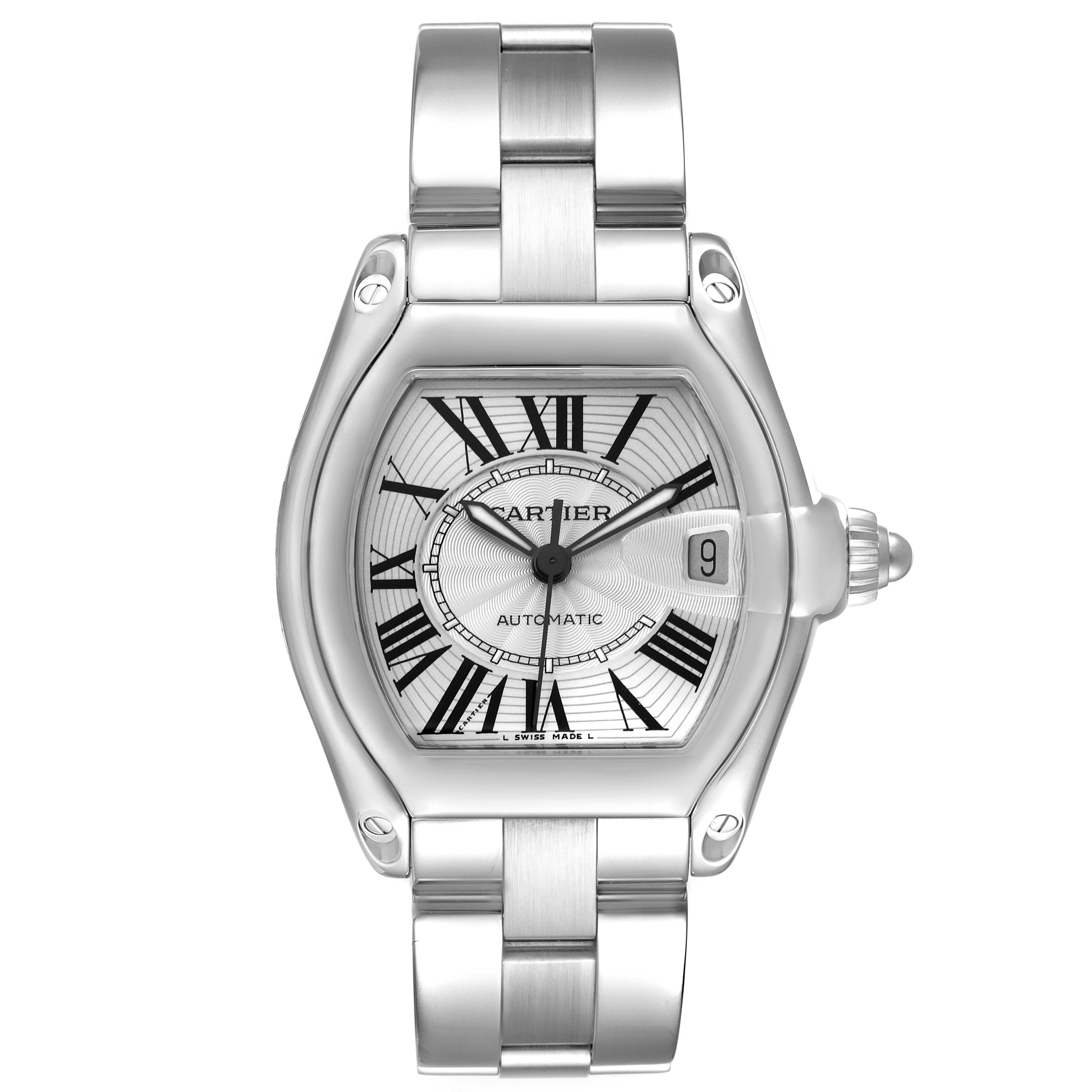 The image shows a top view of the Cartier Roadster W62025V3 Men's Stainless Steel Silver Dial W62025V3 Men's Stainless Steel Silver Dial watch, displaying its face, bezel, and steel bracelet.