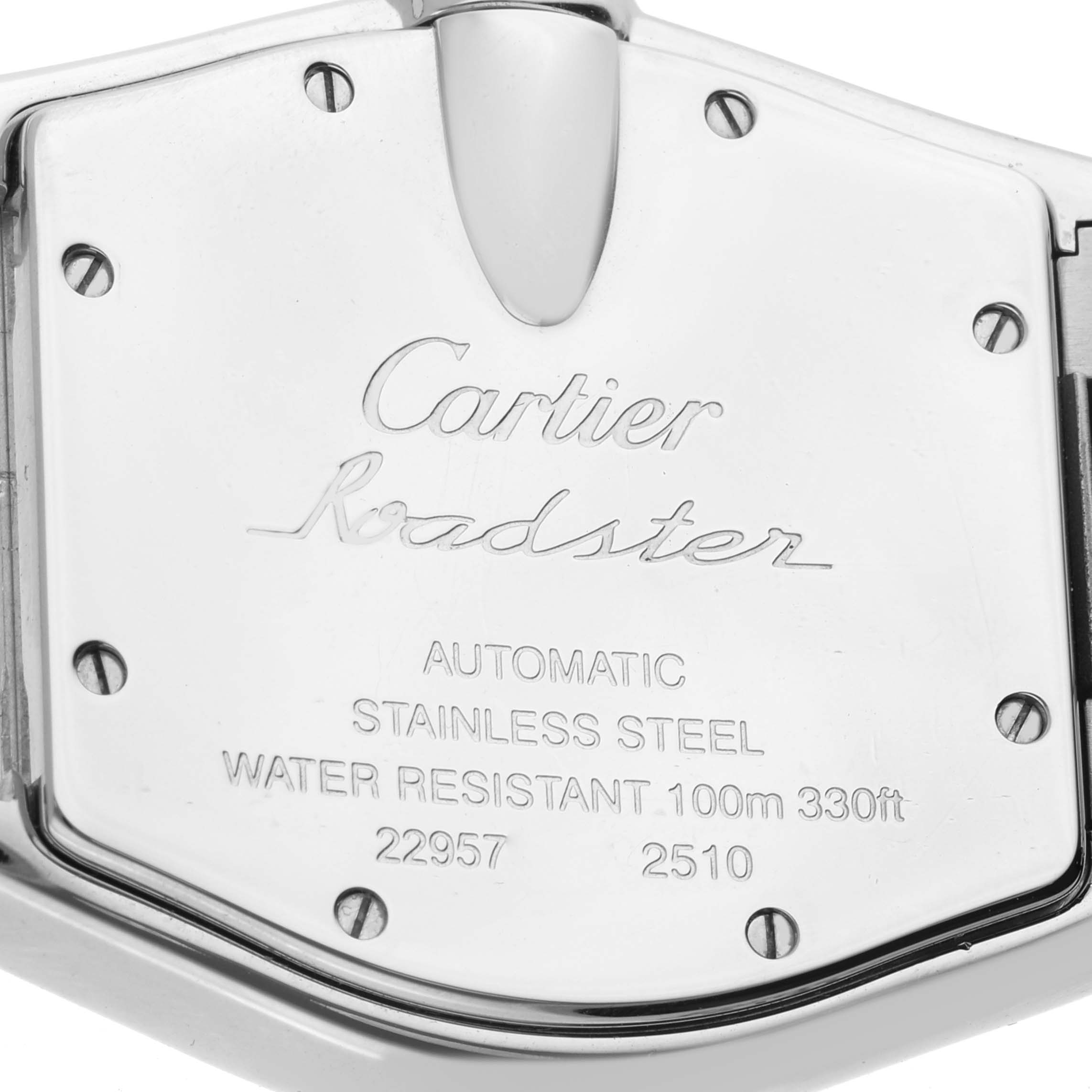 This image shows the back case of the Cartier Roadster W62025V3 Men's Stainless Steel Silver Dial W62025V3 Men's Stainless Steel Silver Dial watch, displaying specifications and engravings.