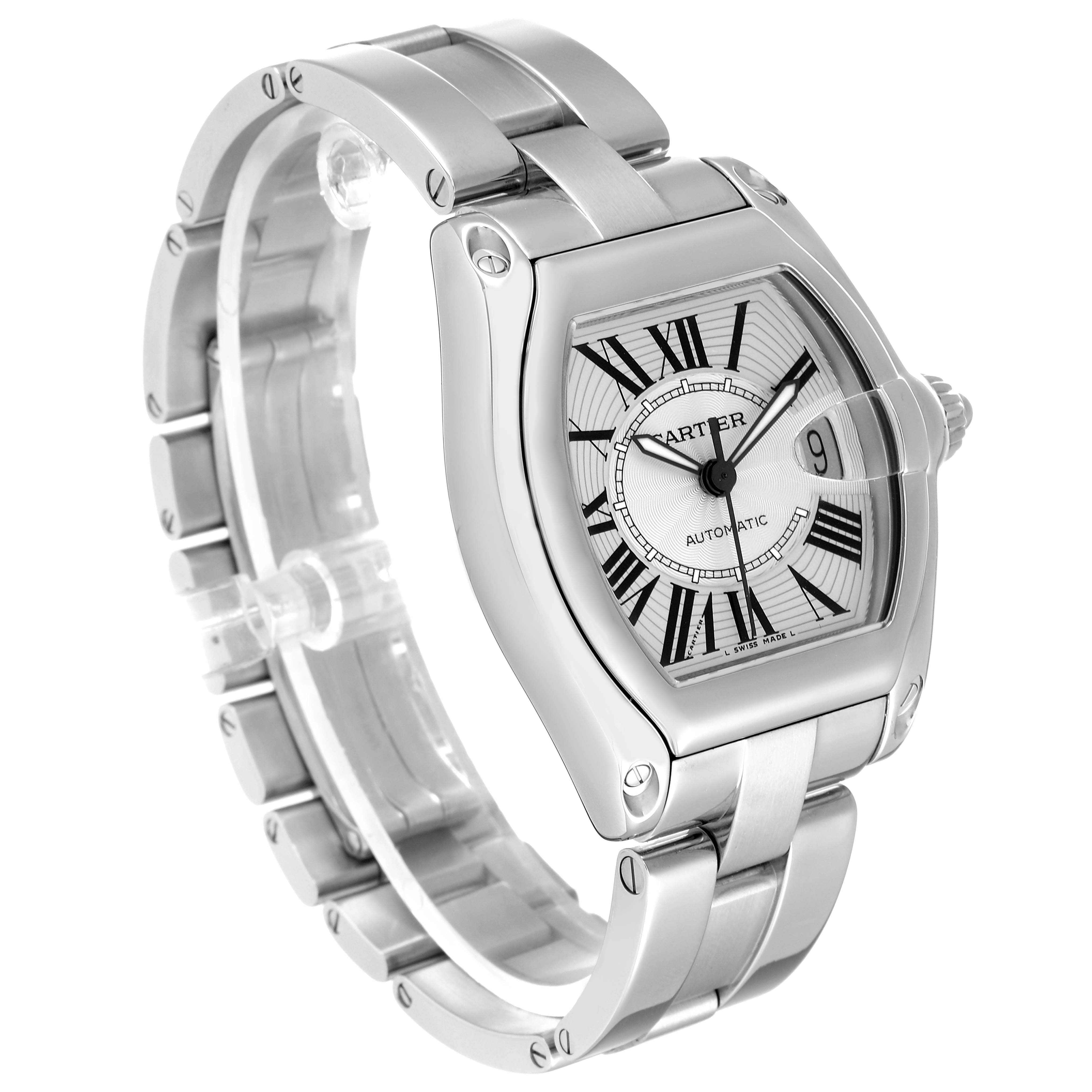 The Cartier Roadster W62025V3 Men's Stainless Steel Silver Dial W62025V3 Men's Stainless Steel Silver Dial watch is shown at a three-quarter angle, highlighting the face, bracelet, and crown.