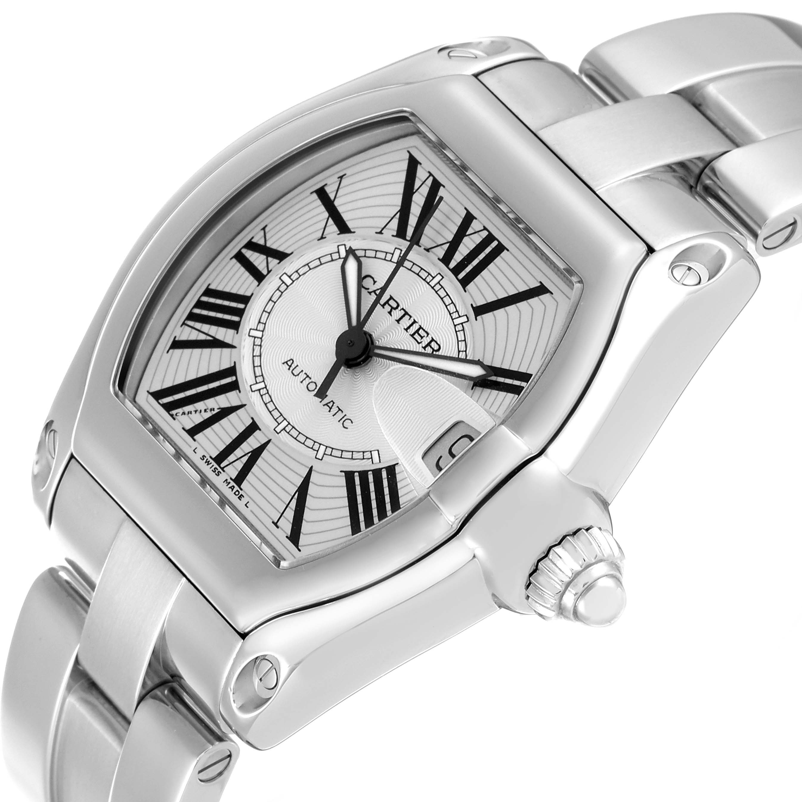 The Cartier Roadster W62025V3 Men's Stainless Steel Silver Dial W62025V3 Men's Stainless Steel Silver Dial watch is shown from a slightly tilted angle, highlighting its face, crown, and stainless steel strap.