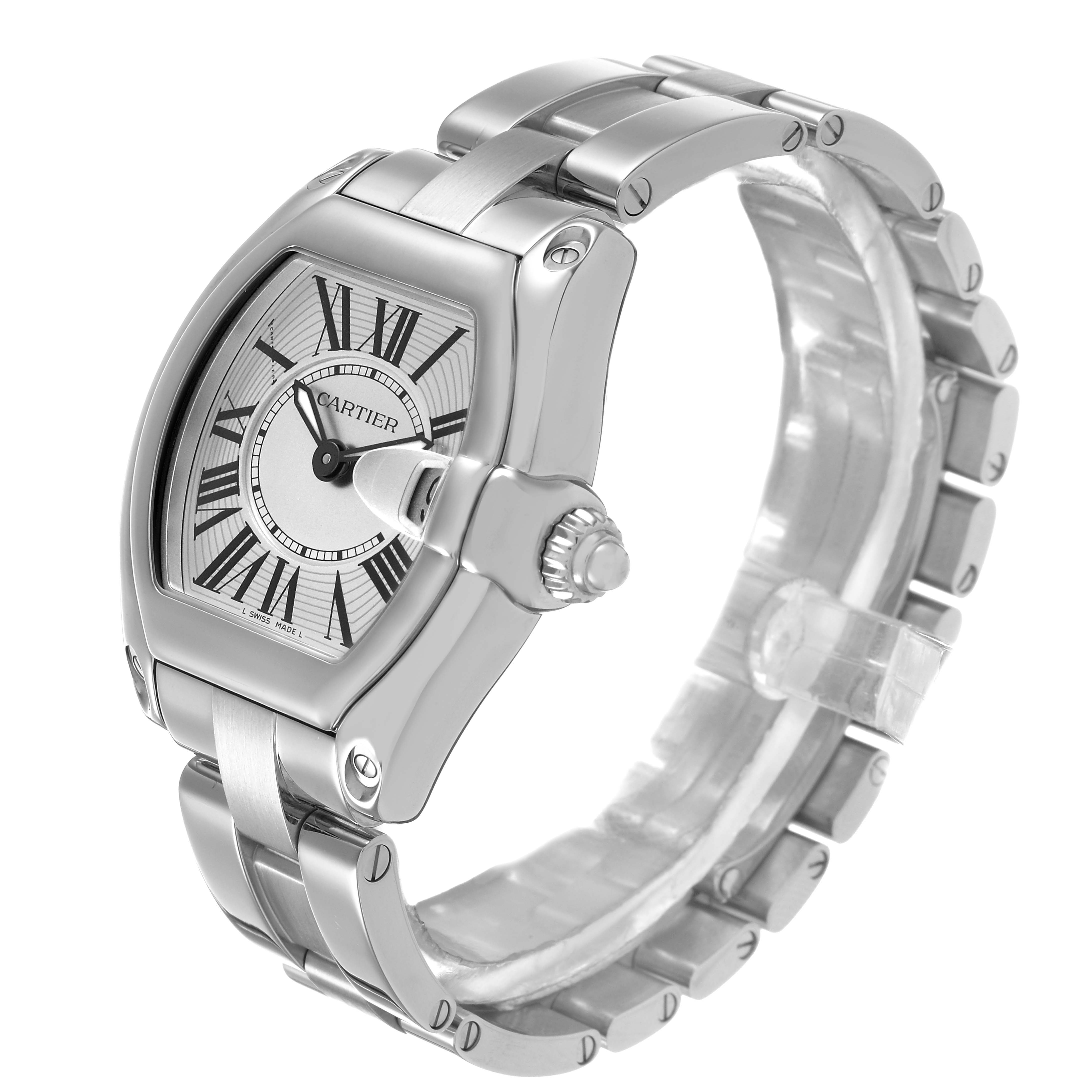 The Cartier Roadster W62016V3 Women's Stainless Steel Silver Dial watch is shown at a three-quarter angle, highlighting the face, crown, and strap.