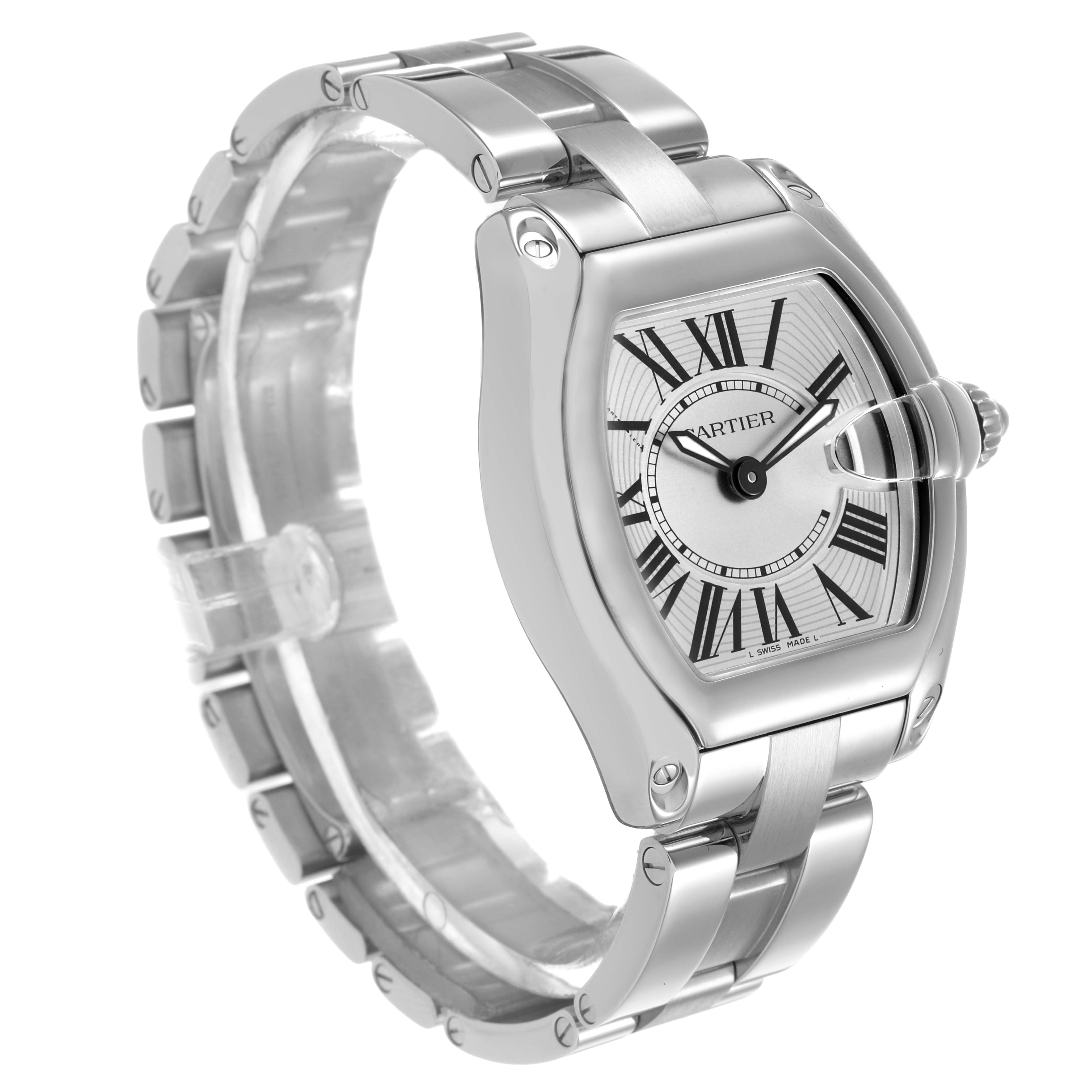The Cartier Roadster W62016V3 Women's Stainless Steel Silver Dial watch is shown at a three-quarter angle, displaying the face, bracelet, and crown.