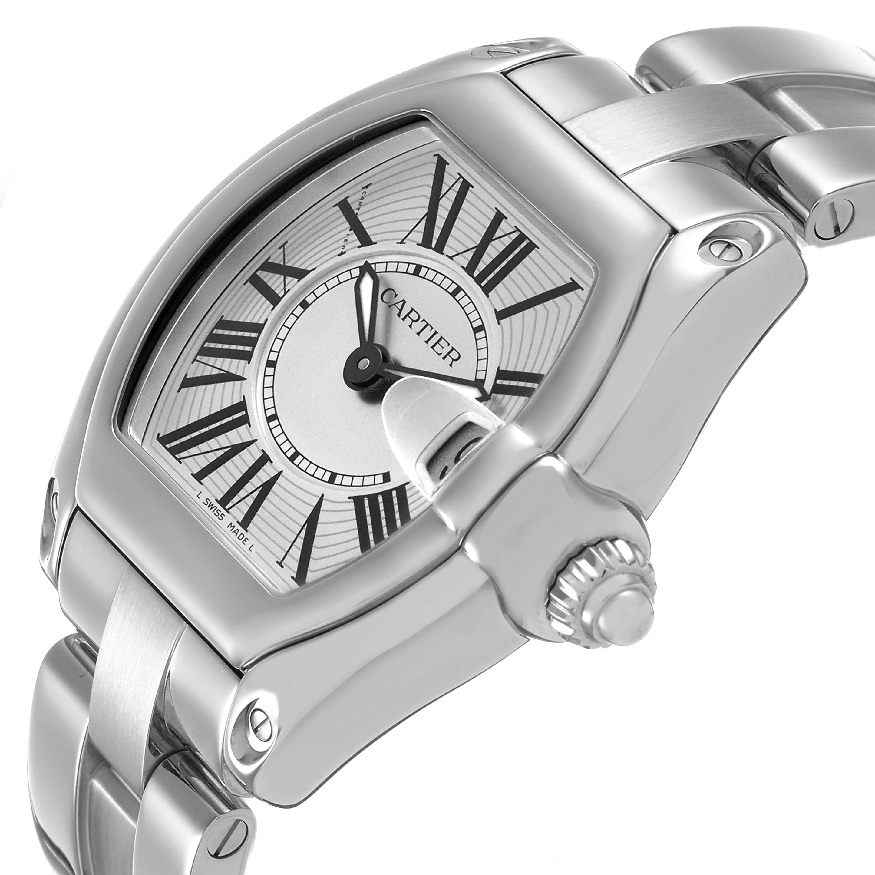 The Cartier Roadster W62016V3 Women's Stainless Steel Silver Dial watch is shown at a slight side angle, highlighting the face, crown, and part of the bracelet.
