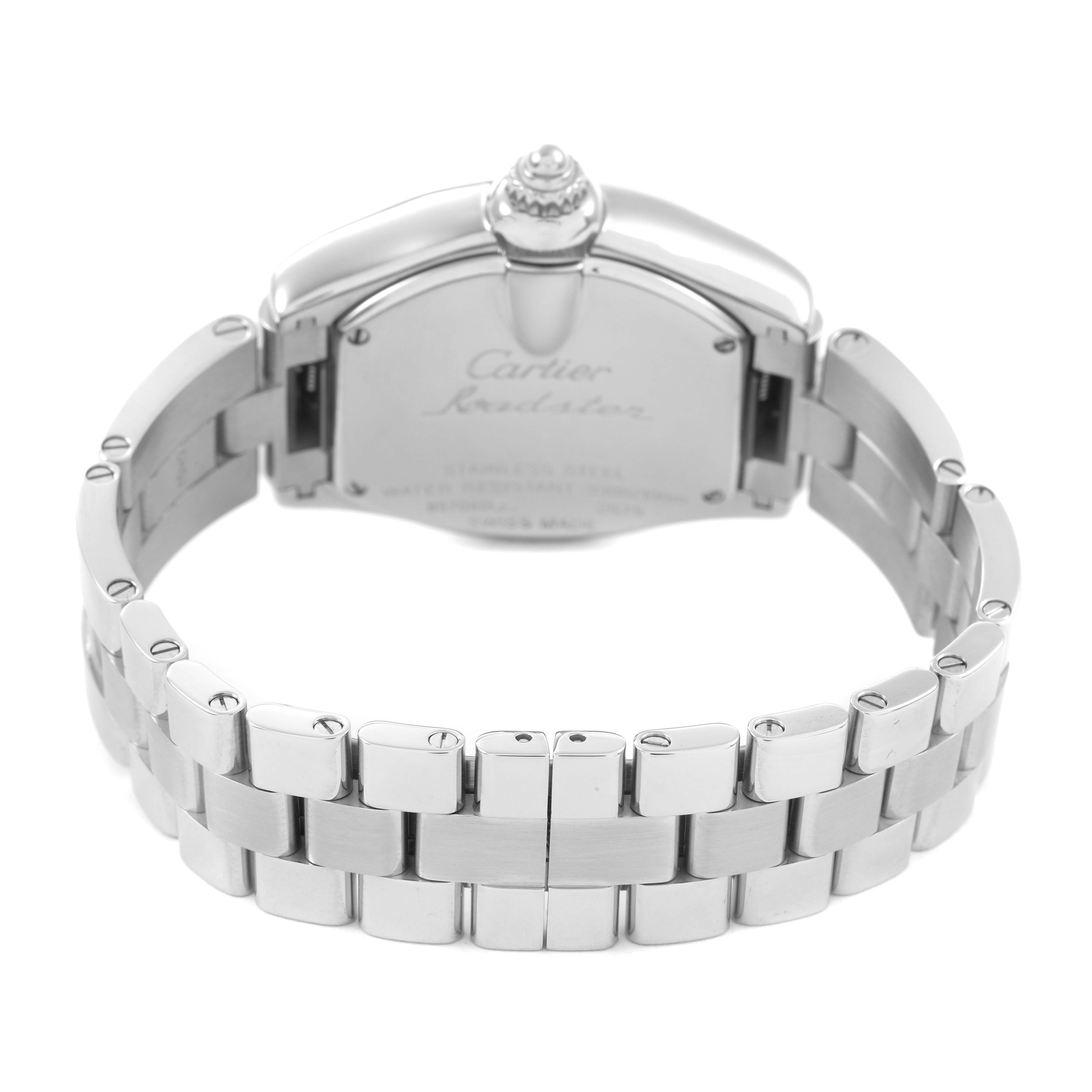 The Cartier Roadster W62016V3 Women's Stainless Steel Silver Dial watch is shown from the back, highlighting the case back and stainless steel bracelet.