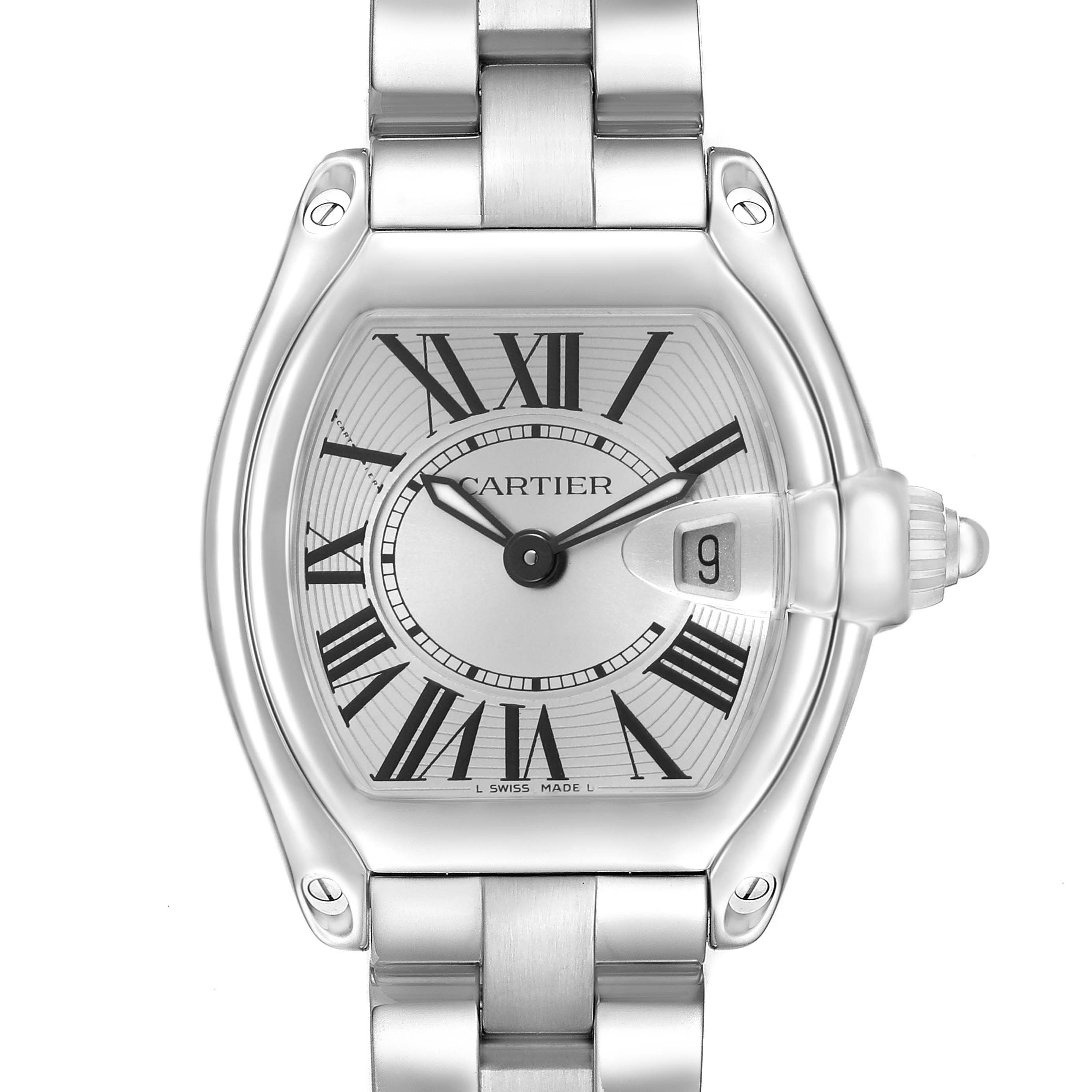 The Cartier Roadster W62016V3 Women's Stainless Steel Silver Dial watch is shown from the front, highlighting its dial, Roman numerals, and date window.