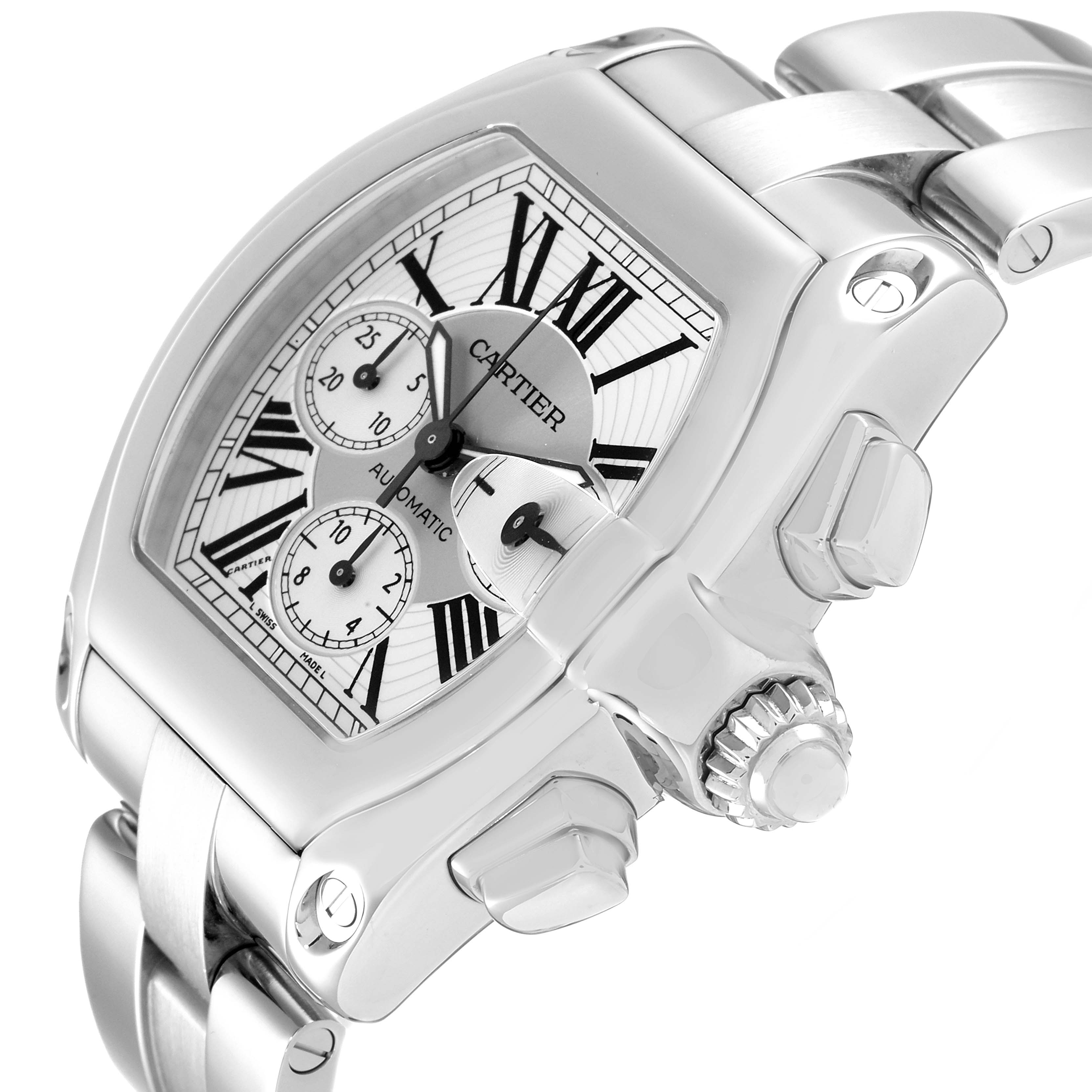 The image shows a Cartier Roadster W62019X6 Men's Stainless Steel Silver Dial W62019X6 Men's Stainless Steel Silver Dial watch at an angle highlighting the face, crown, and part of the bracelet.